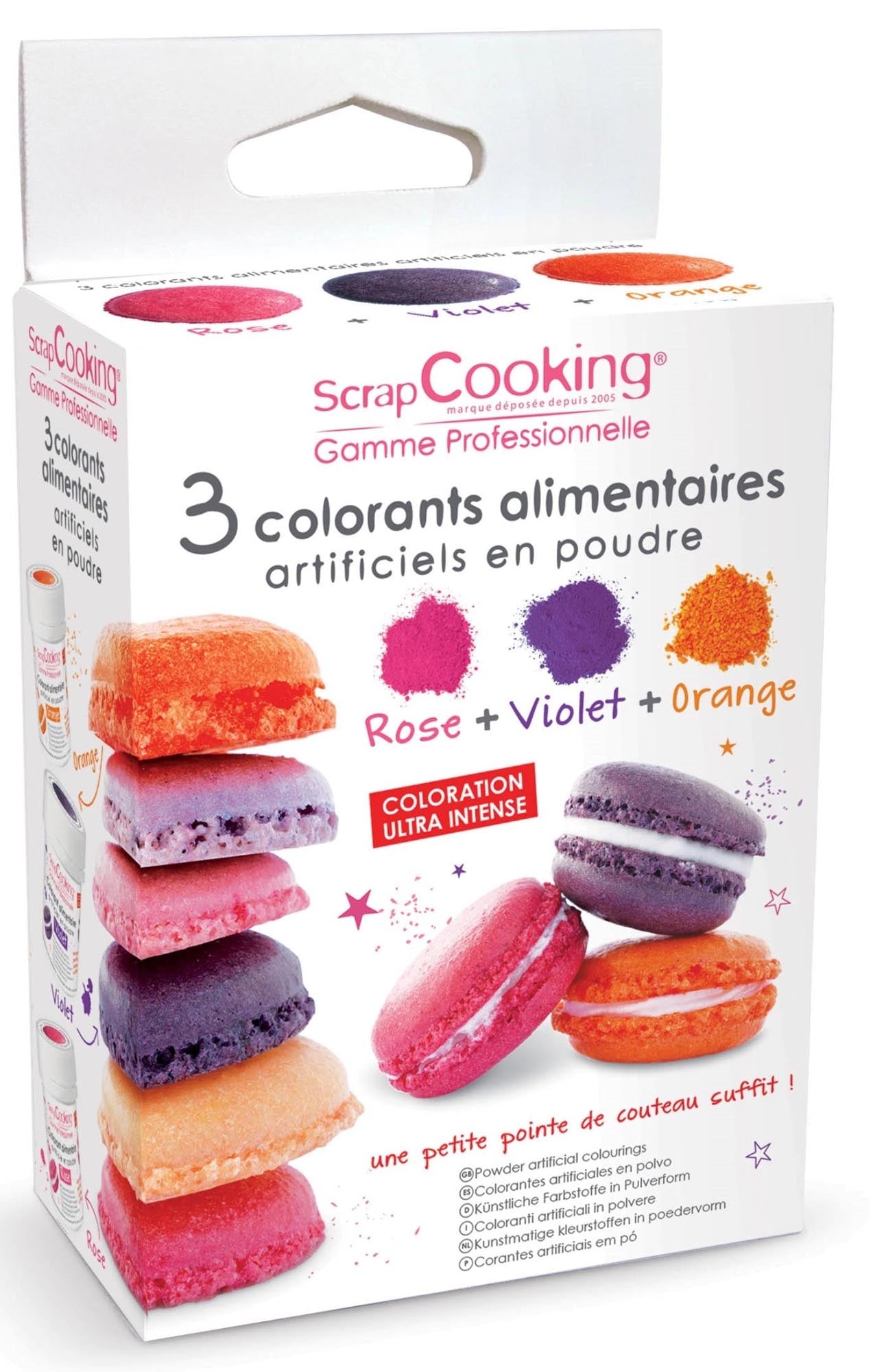 3-tlg. Farbpulver-Set in Rose, Violett, Orange von Scrap Cooking: Perfekt für kreative, farbenfrohe Backprojekte. 3x5g, geschmacksneutral.