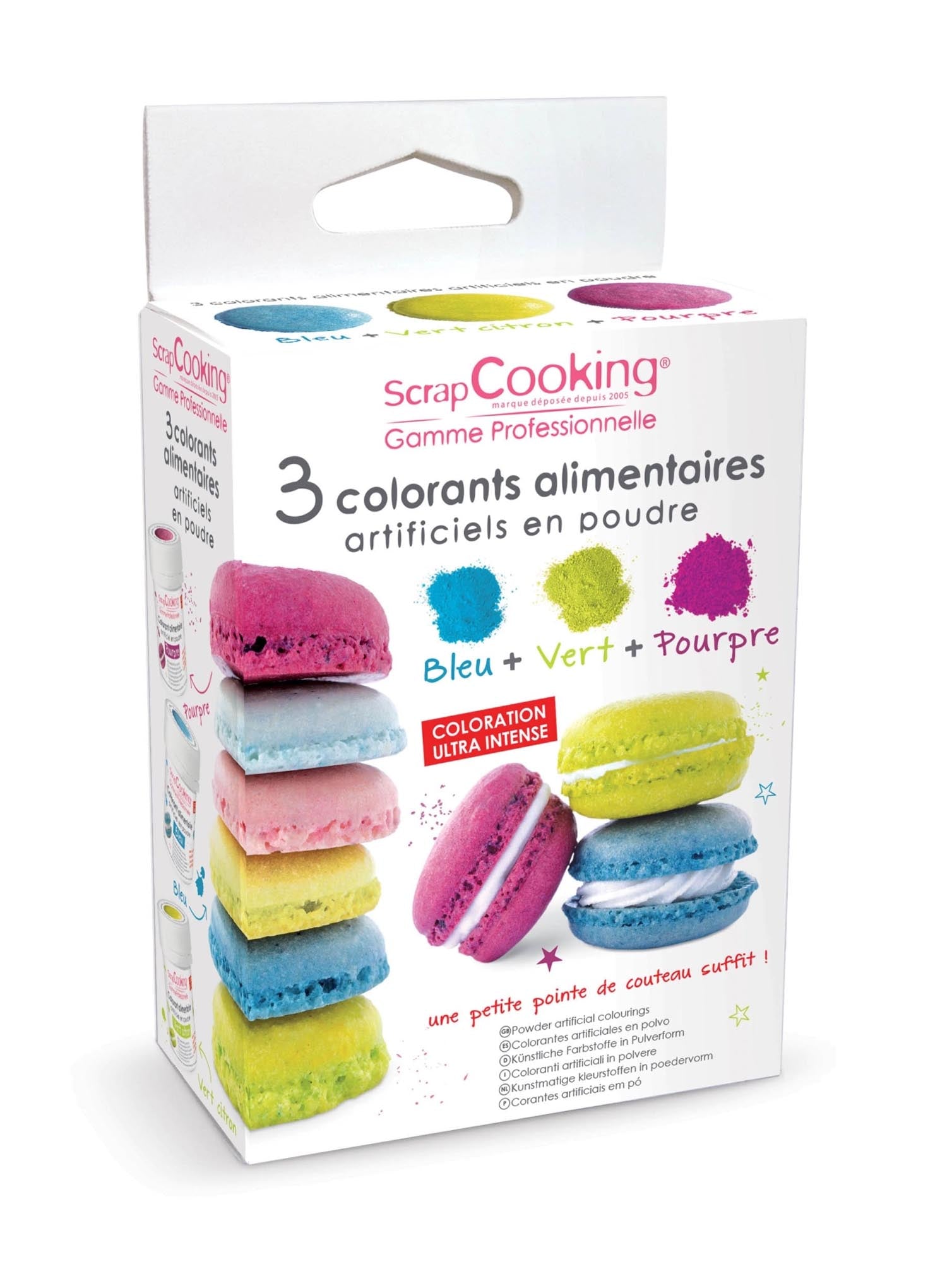 Verleihen Sie Ihren Backkreationen mit dem 3-tlg. Farbpulver-Set von Scrap Cooking in Blau, Grün und Lila lebendige Farben. Perfekt für kreative Desserts!