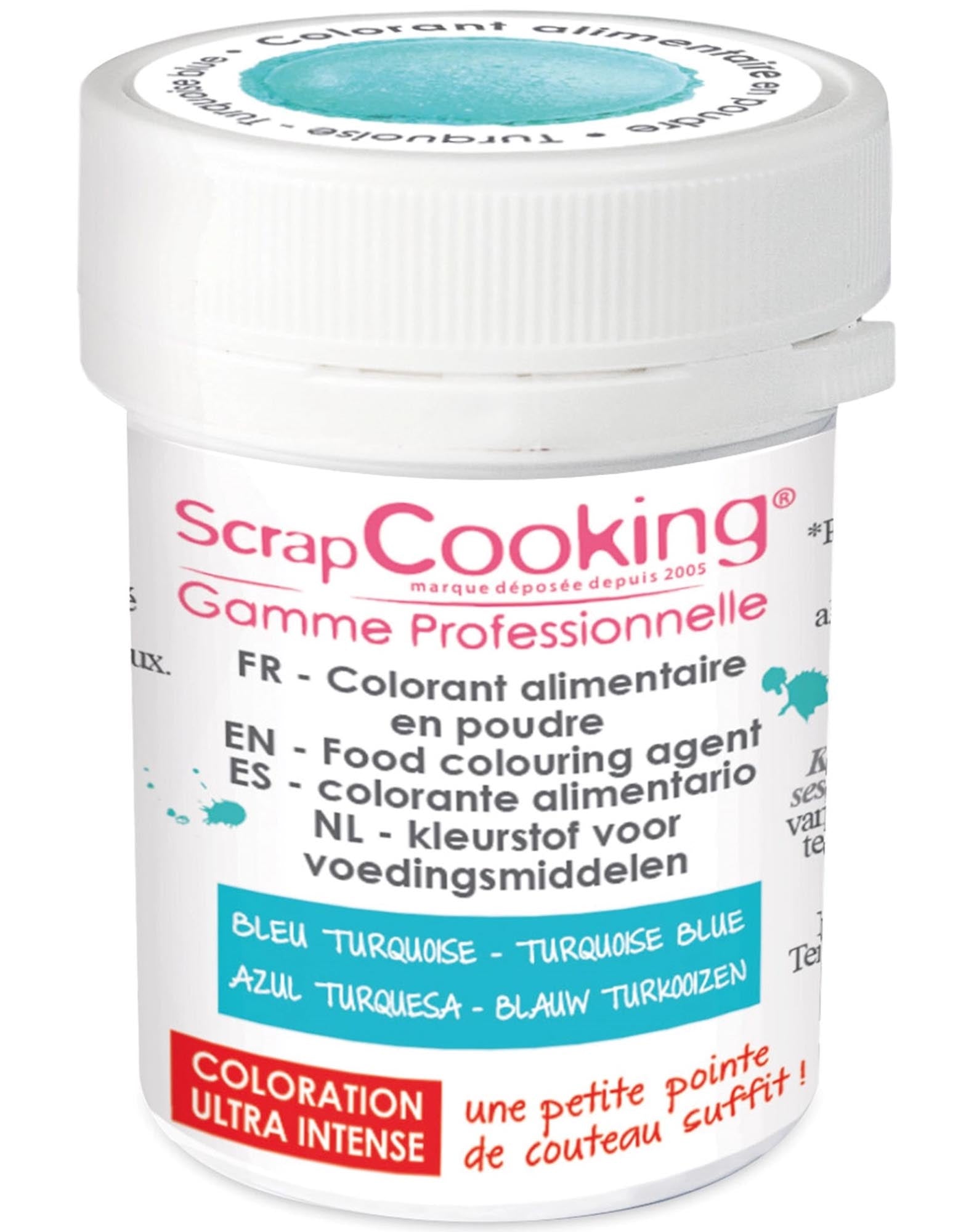 Entdecken Sie das hochwertige Farbpulver türkis 5g von Scrap Cooking. Ideal für Backwaren, Desserts und kreative Patisserie. Vegan & glutenfrei!