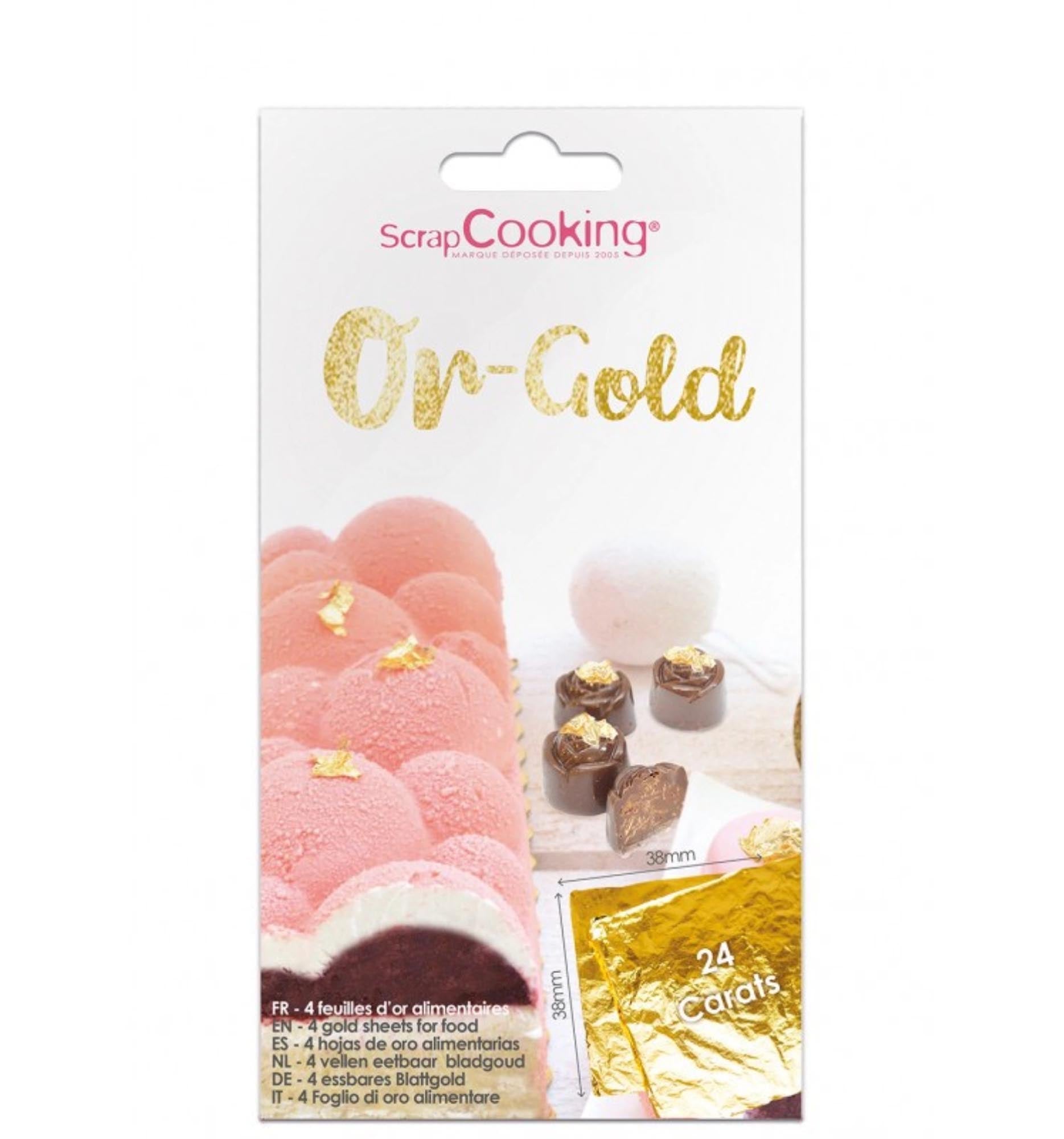 Entdecken Sie die luxuriösen 4 Stk. Dekogoldplättchen von Scrap Cooking. Essbar, 24 Karat, ideal für elegante Desserts und kreative Dekorationen.