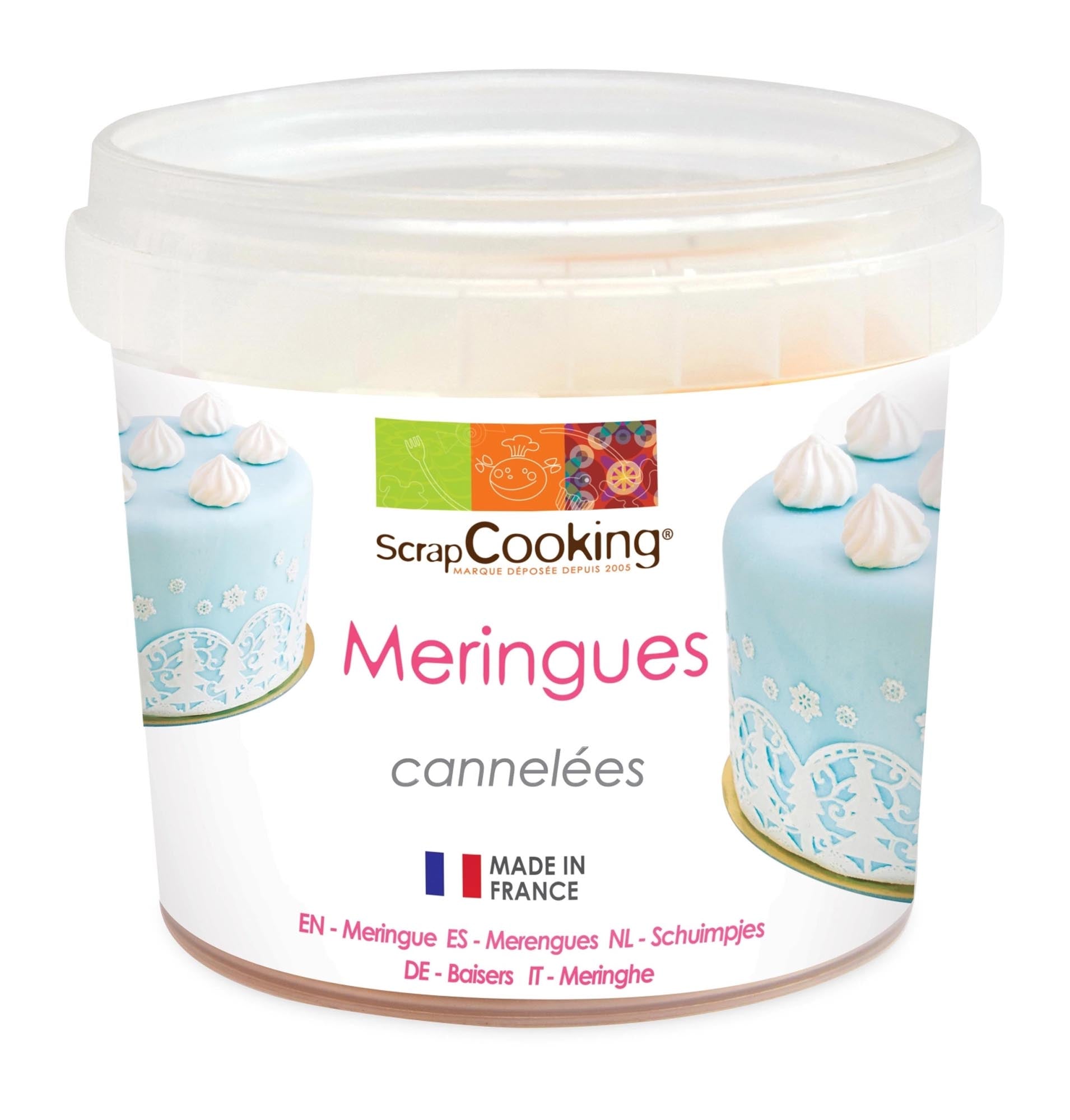 Entdecken Sie die knusprigen Merinquesgeriffelt 40g von Scrap Cooking – glutenfreies, französisches Baisers-Gebäck für Desserts und Snacks.