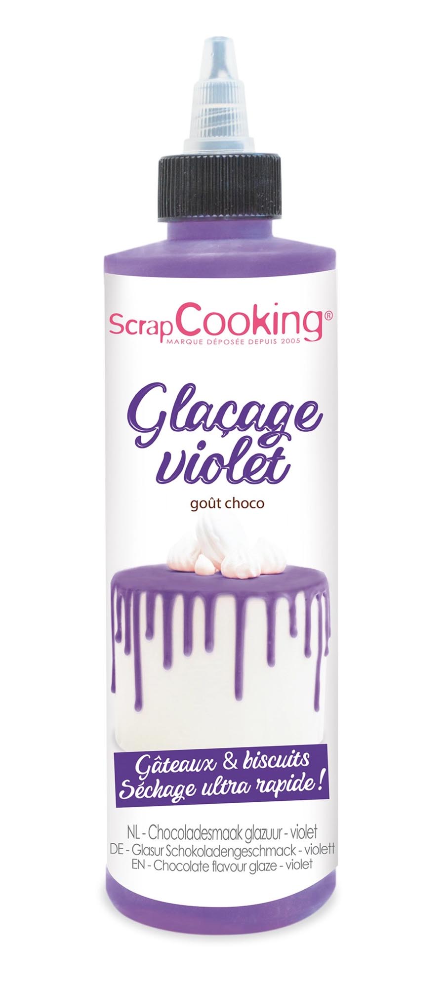 Entdecken Sie die violette Schokoladengeschmacksglasur Drip Cake von Scrap Cooking. Ideal für Drip Cakes, Muffins und Desserts – ein Genuss für alle Backliebhaber!