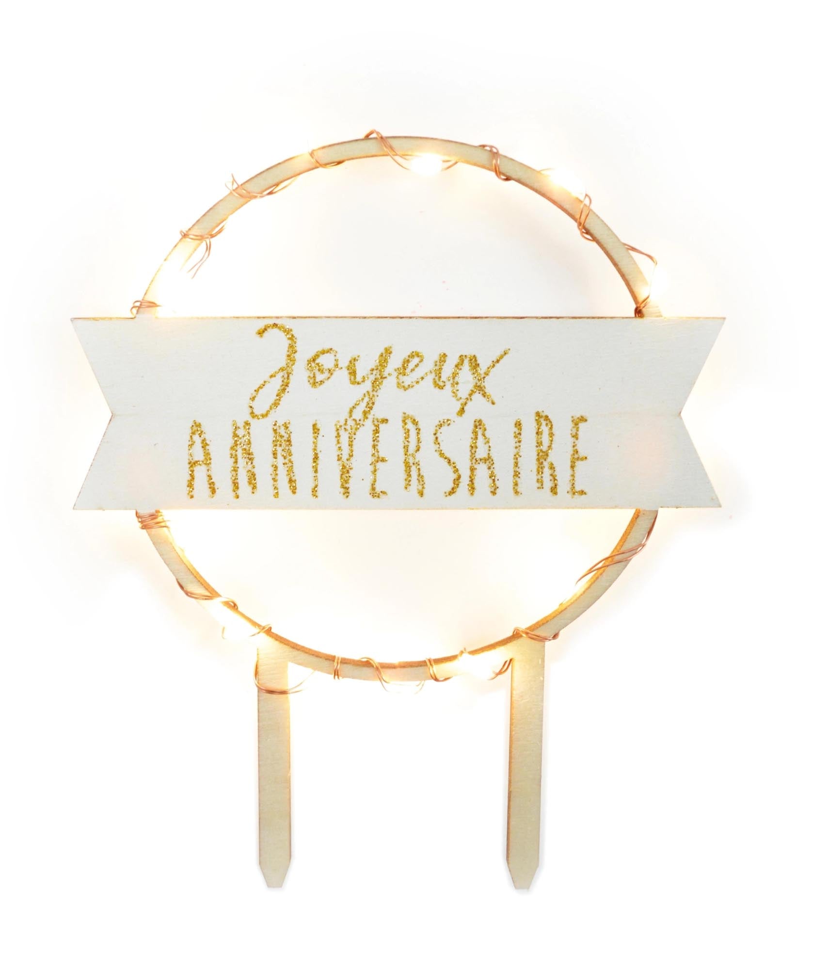 Stilvoller Cake Topper aus Holz mit LED, "Joyeux Anniversaire". Perfekt für Geburtstagskuchen, wiederverwendbar, 15x20 cm.