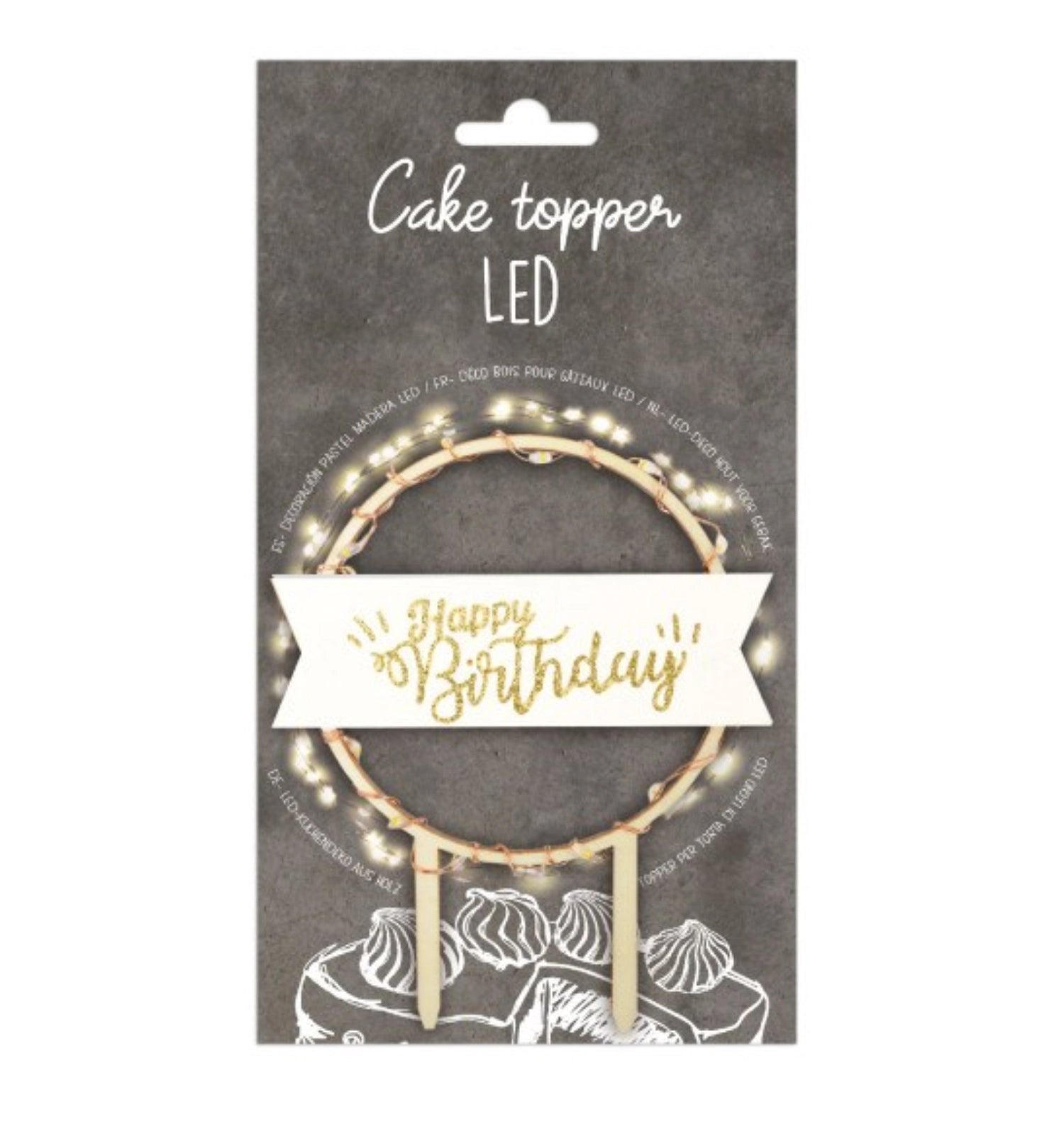 Cake Topper mit LED-Beleuchtung "Happy Birthday" von Scrap Cooking – ideal für Geburtstagsfeiern, langlebig, rustikal, stimmungsvolle Ausleuchtung.