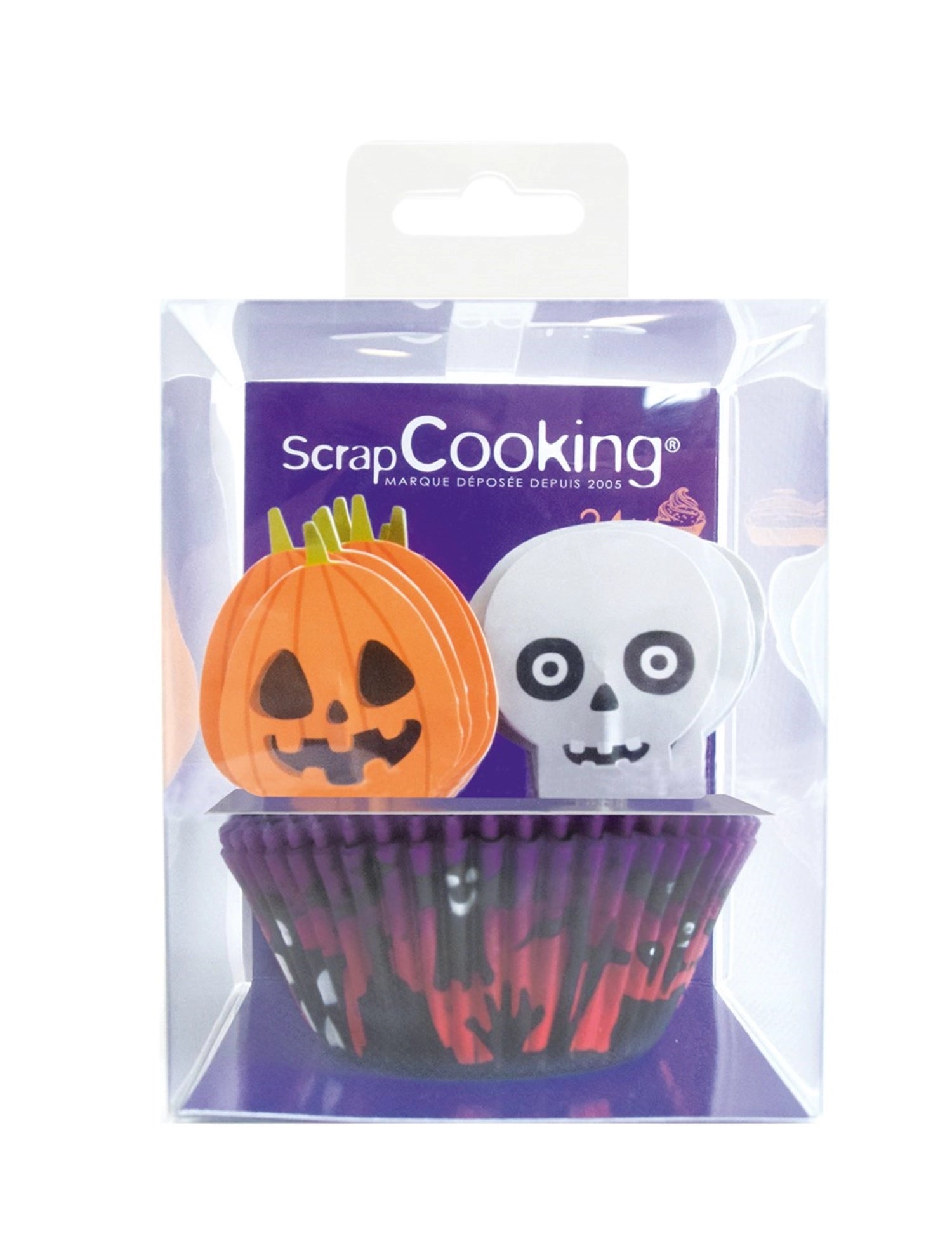 Entdecken Sie die 24 Muffinförmchen und 24 Toppers Halloween von Scrap Cooking – das perfekte Zubehör für Ihre Halloween-Party! Ideal für schaurig-schöne Muffins.