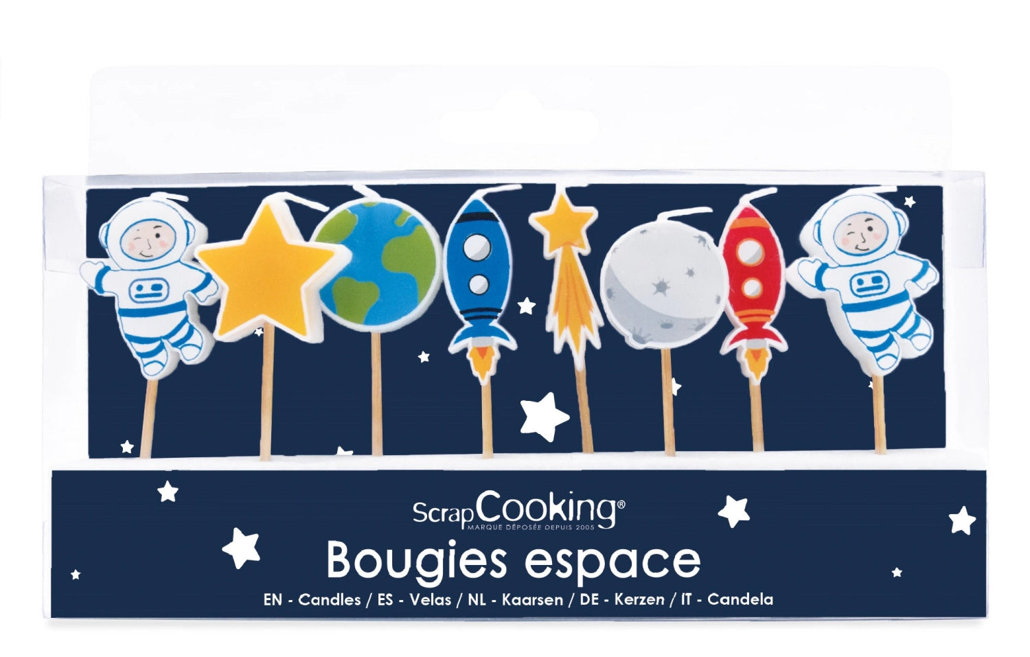 Entdecken Sie das 8-tlg. Set Kerzen Space von Scrap Cooking – perfekte Wachs-Kerzen für Kindergeburtstage und Weltraum-Mottopartys!
