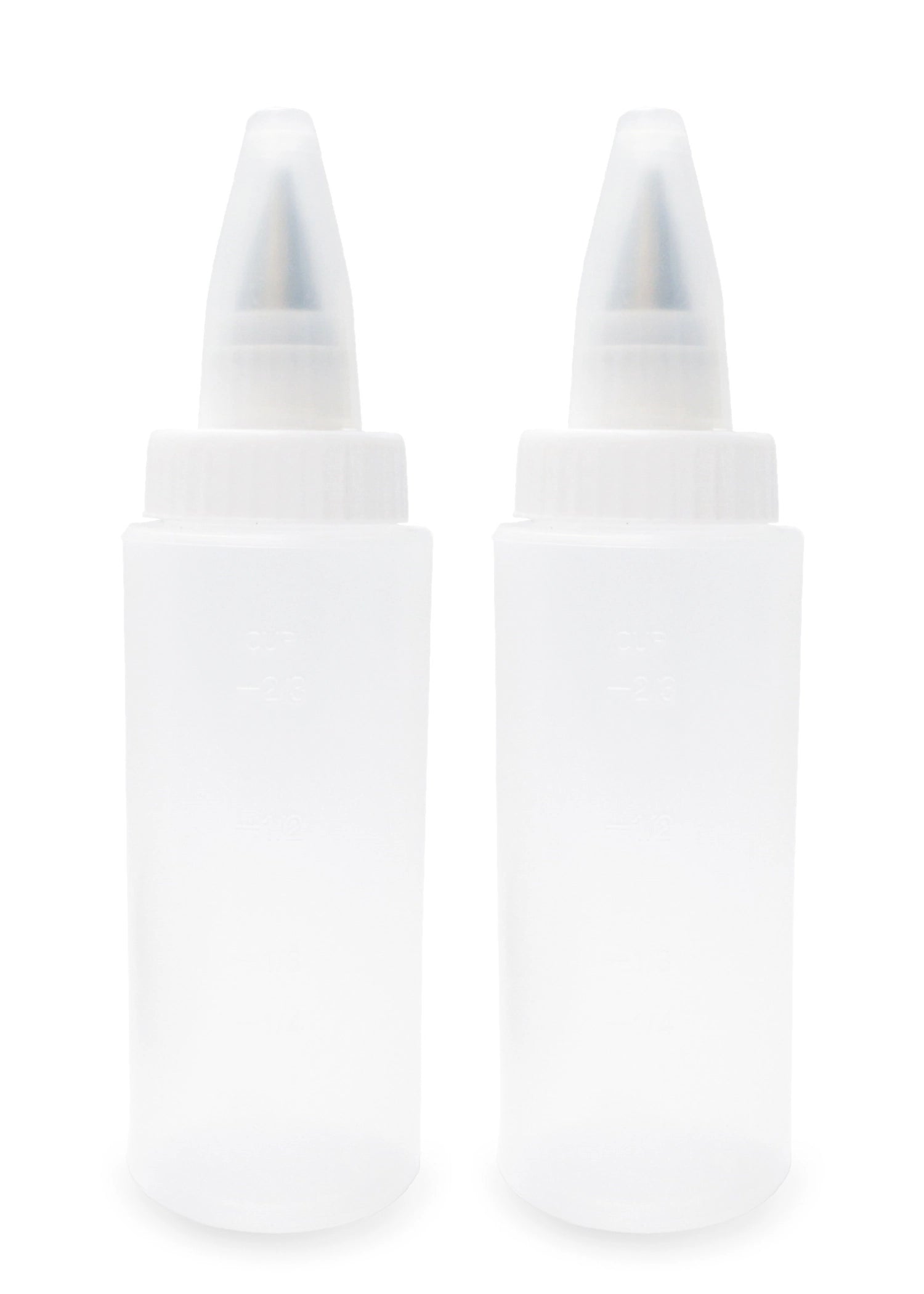 Set of 2 squeeze bottles with 2 piping nozzles for icing