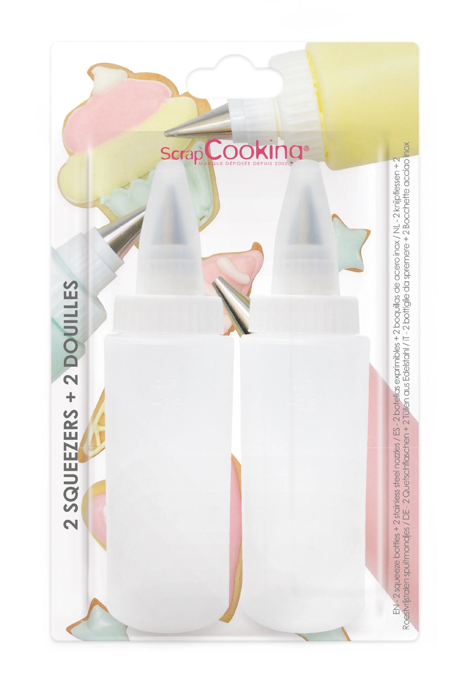 Set of 2 squeeze bottles with 2 piping nozzles for icing