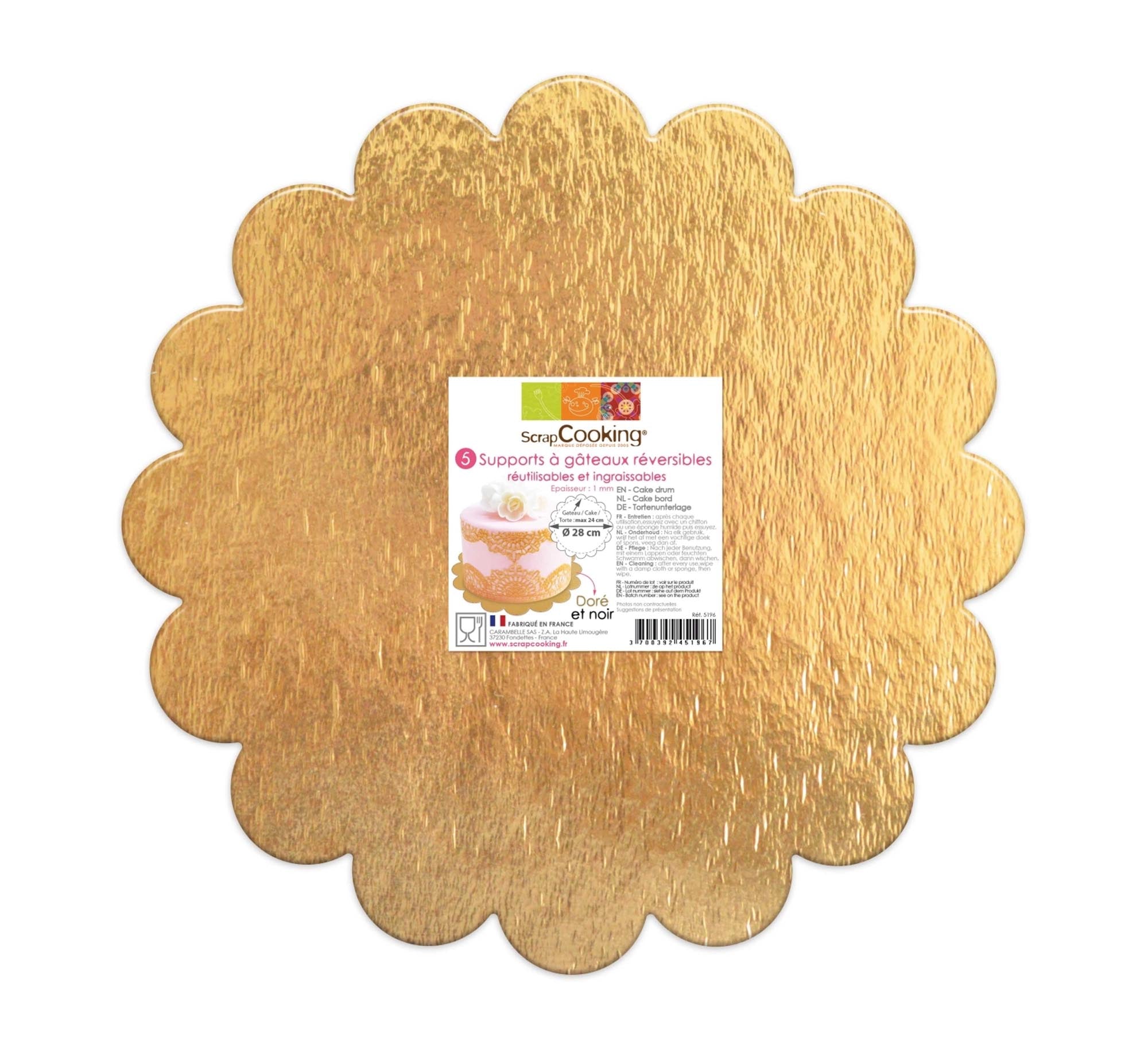 Entdecken Sie die eleganten 5 Stk. Kuchenhalter in Blumenform von Scrap Cooking. Ideal für Torten und Muffins, 24 cm, gold/schwarz, perfekt für festliche Anlässe!