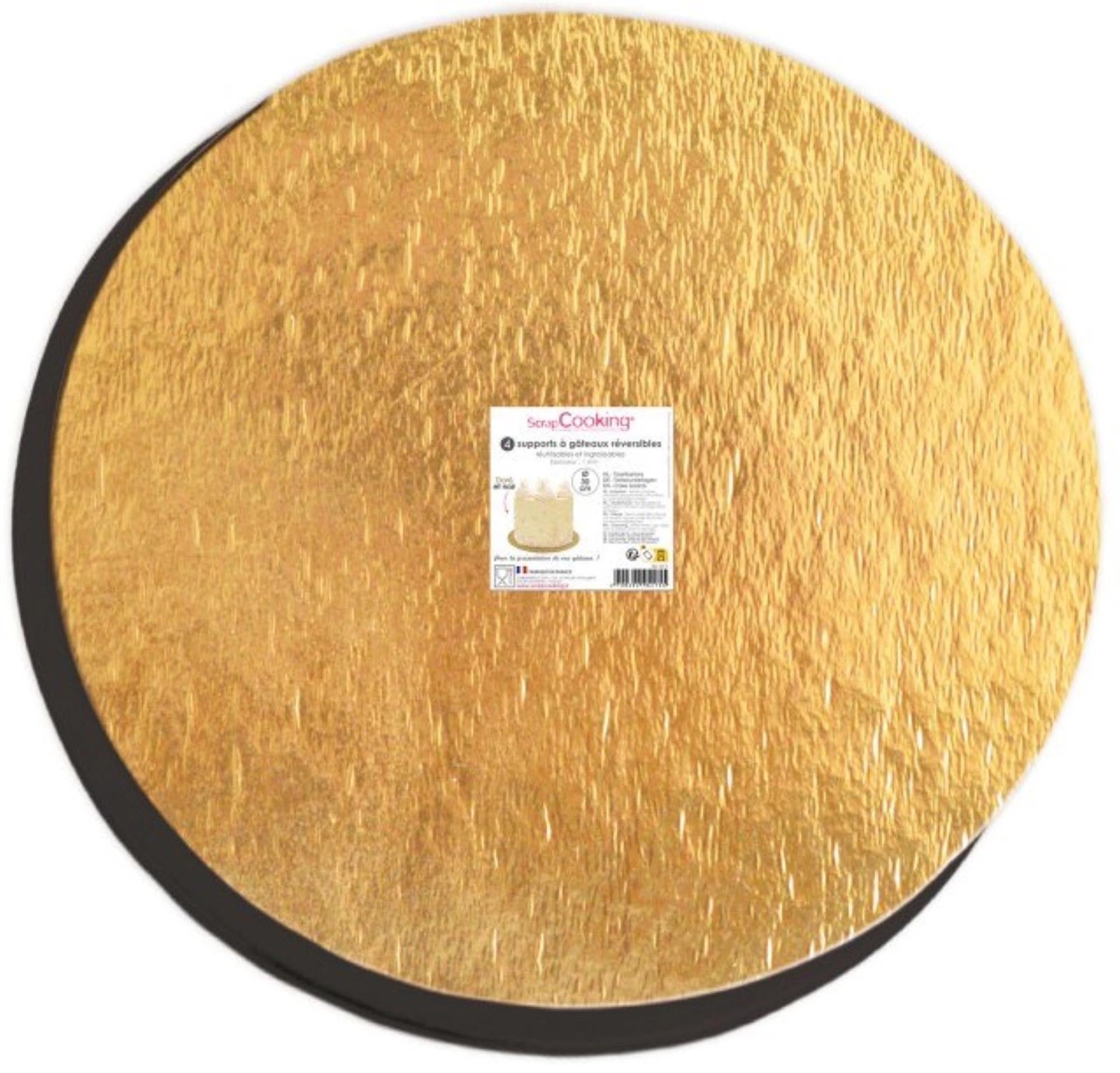 Elegantes 4er Set Tortenhalter von Scrap Cooking: Gold/schwarz, 30cm, stabiler Karton & PET-Folie, ideal für festliche Anlässe.