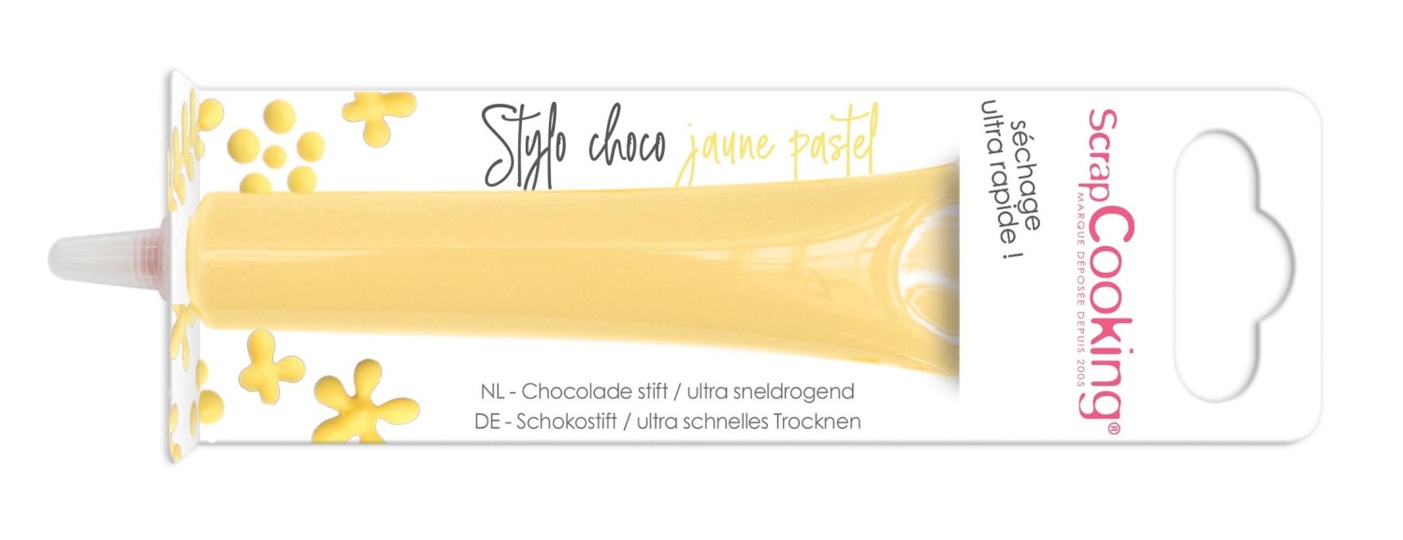 Entdecken Sie den Stift mit Schokoladengeschmack in pastellgelb von Scrap Cooking. Ideal für kreative Dekorationen von Torten, Cupcakes und Plätzchen!