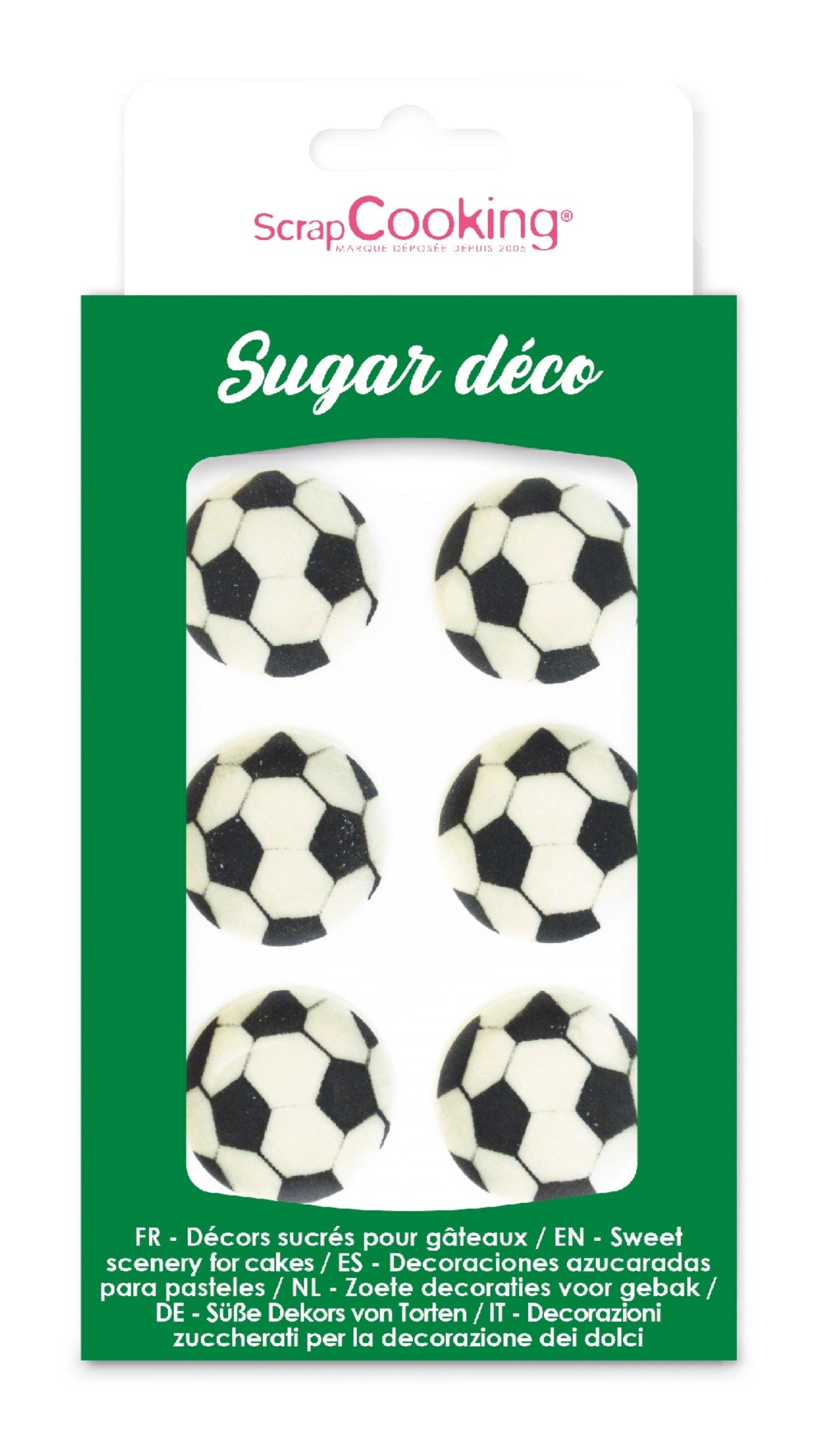 Sechs zuckersüße Fußball-Dekorationen aus Zucker, perfekt für die kreative Verzierung von Torten und Snacks bei Sportevents und Feiern.
