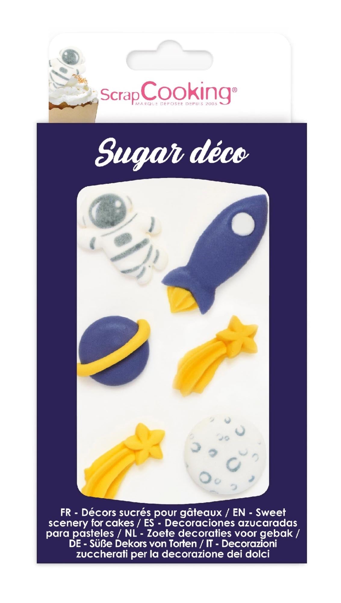 Entdecken Sie die Zucker Deko Space von Scrap Cooking! 6 essbare Zucker-Dekorationen für Kuchen, Cupcakes und Desserts. Perfekt für Themenpartys!
