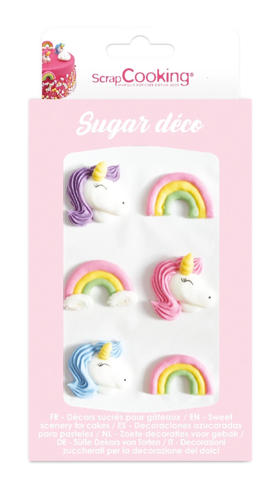 Entdecken Sie die 6 Stk. Zucker Deko Einhorn von Scrap Cooking – perfekte essbare Dekoration für Torten, Muffins und Kindergeburtstage!