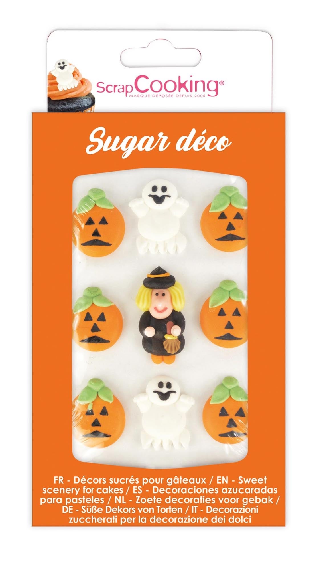 Entdecken Sie die 9 Stk. Zucker Deko Halloween von Scrap Cooking! Perfekte essbare Dekorationen für Torten, Cupcakes und Desserts mit Kürbissen, Geistern und Fledermäusen.