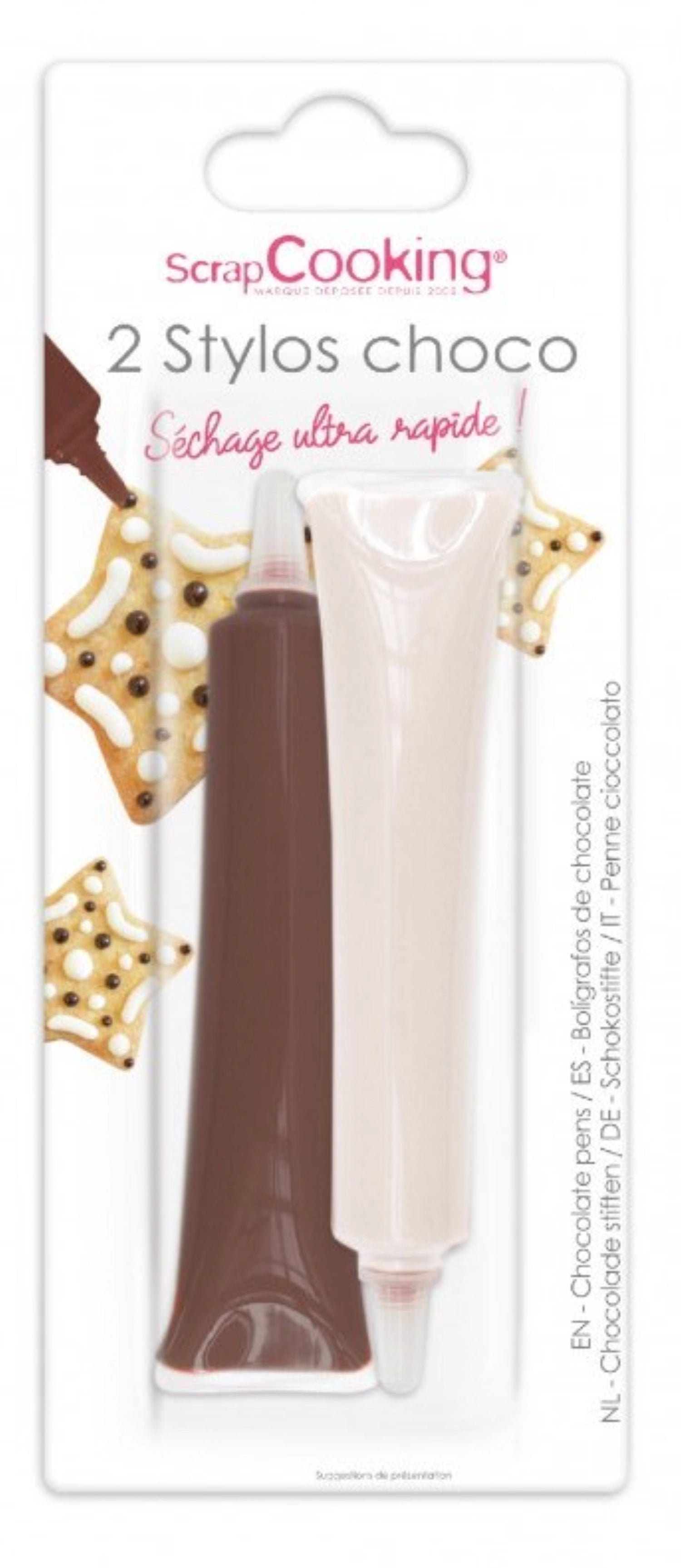 Verzieren Sie Ihre Desserts mit dem 2er Set Schokostifte in Weiß- und Milchschokolade von Scrap Cooking. Schnelle Trocknungszeit unter 2 Minuten!