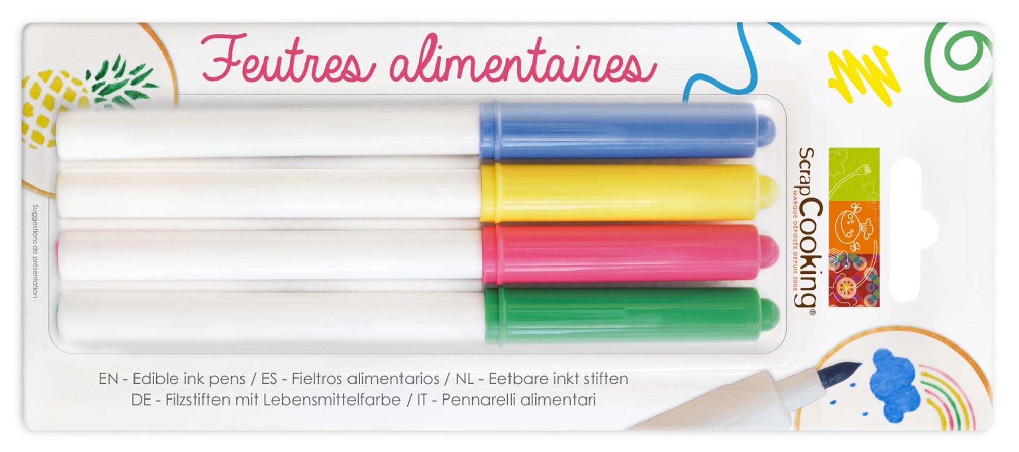 Entdecken Sie die Scrap Cooking Lebensmittelstifte in blau, gelb, pink und grün. Perfekt für kreative Backideen und essbare Dekorationen!