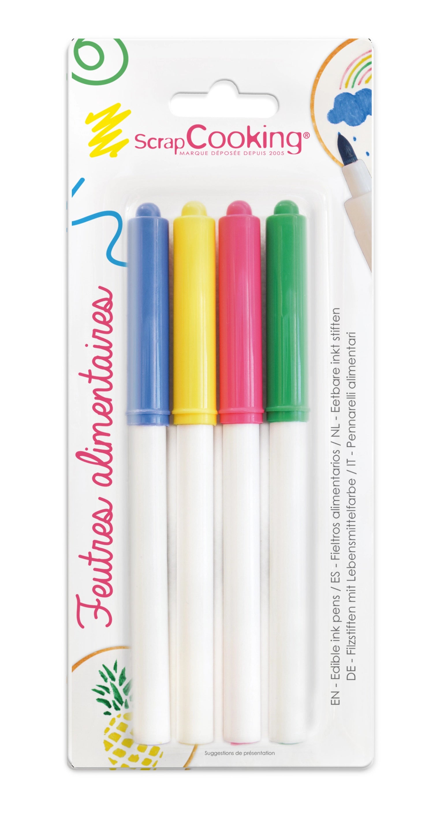 Buntes Set von 4 Lebensmittelstiften in Blau, Gelb, Pink und Grün von Scrap Cooking, ideal zum Dekorieren und Beschriften von Speisen.