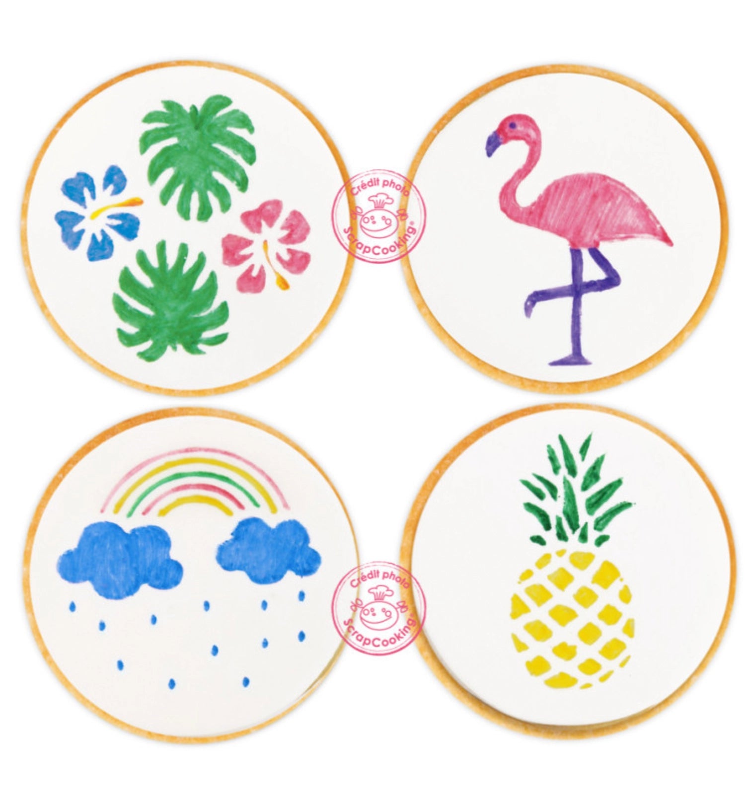 Set aus 4 lebhaften Lebensmittelstiften in Blau, Gelb, Pink und Grün von Scrap Cooking, perfekt zum kreativen Verzieren und Beschriften von Lebensmitteln.