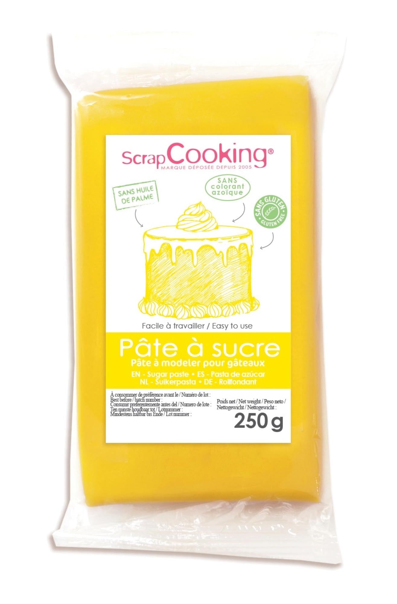 Entdecken Sie die ScrapCooking Zuckerpaste gelb 250g – ideal zum Dekorieren von Kuchen und Modellieren. Profiqualität, geschmeidig und vanillig!