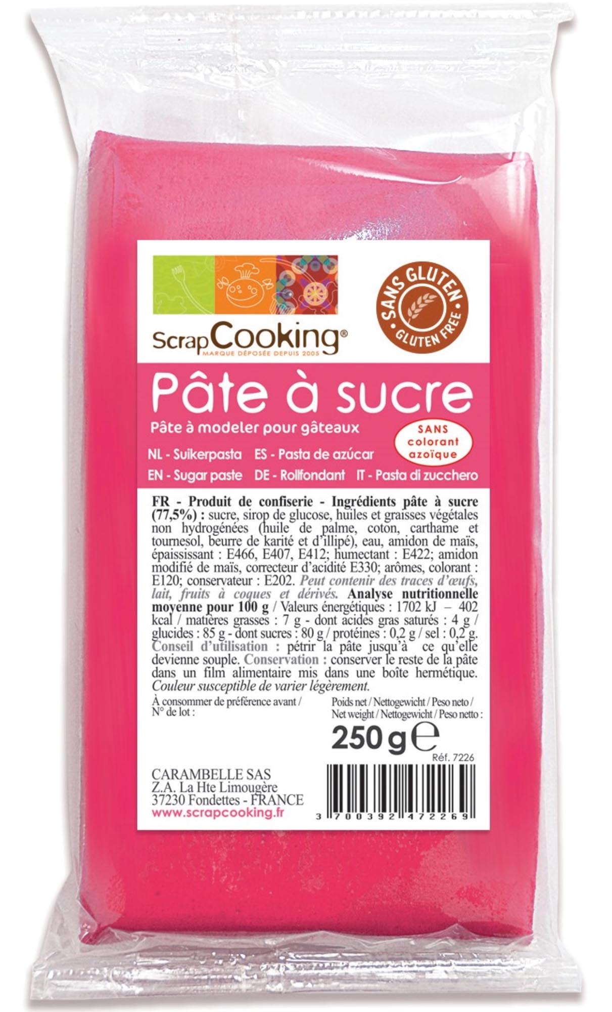 Entdecken Sie die fuchsia Zuckerpaste von ScrapCooking! Ideal zum Dekorieren von Kuchen und Modellieren. Profiqualität, vanillig, glatt und biegsam.
