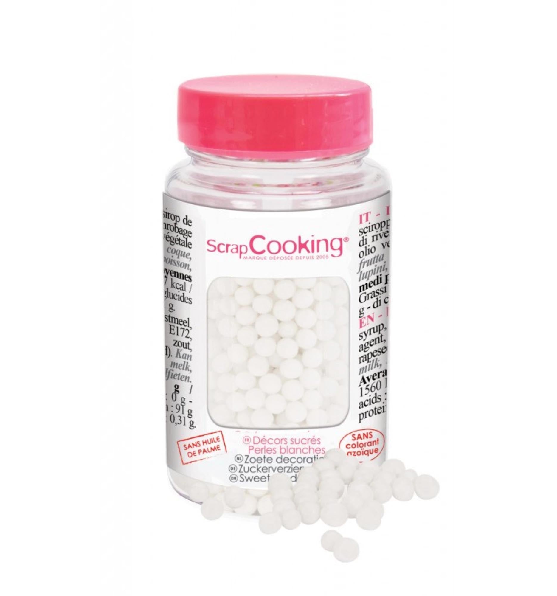 Verleihen Sie Ihren Backkreationen mit den weissen Deko Zucker Perlen von Scrap Cooking Glanz und Eleganz. Perfekt für Torten, Cupcakes und mehr!