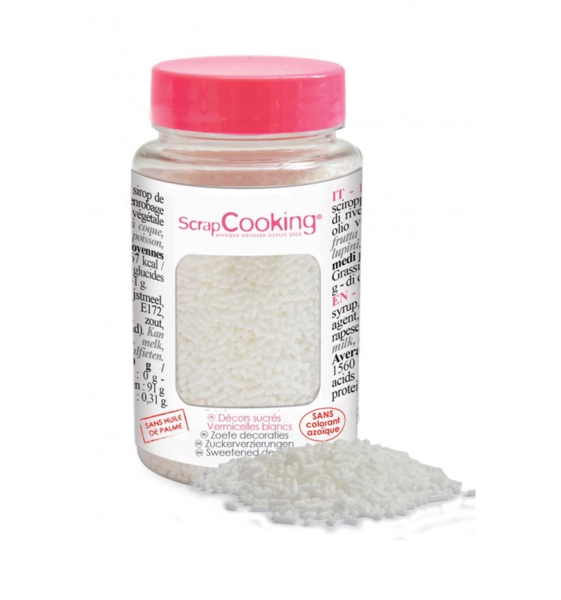 Veredeln Sie Ihre Desserts mit den weissen Zucker Vermicelles von Scrap Cooking. Perfekt für Torten, Cupcakes und mehr. 80g.
