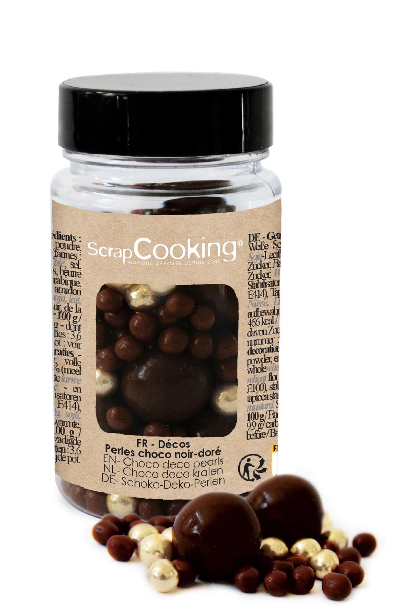 Entdecken Sie die Deko Schoko Perlen schwarze Schokolade und gold 50g von Scrap Cooking – perfekte Dekoration für Torten, Cupcakes und Desserts!
