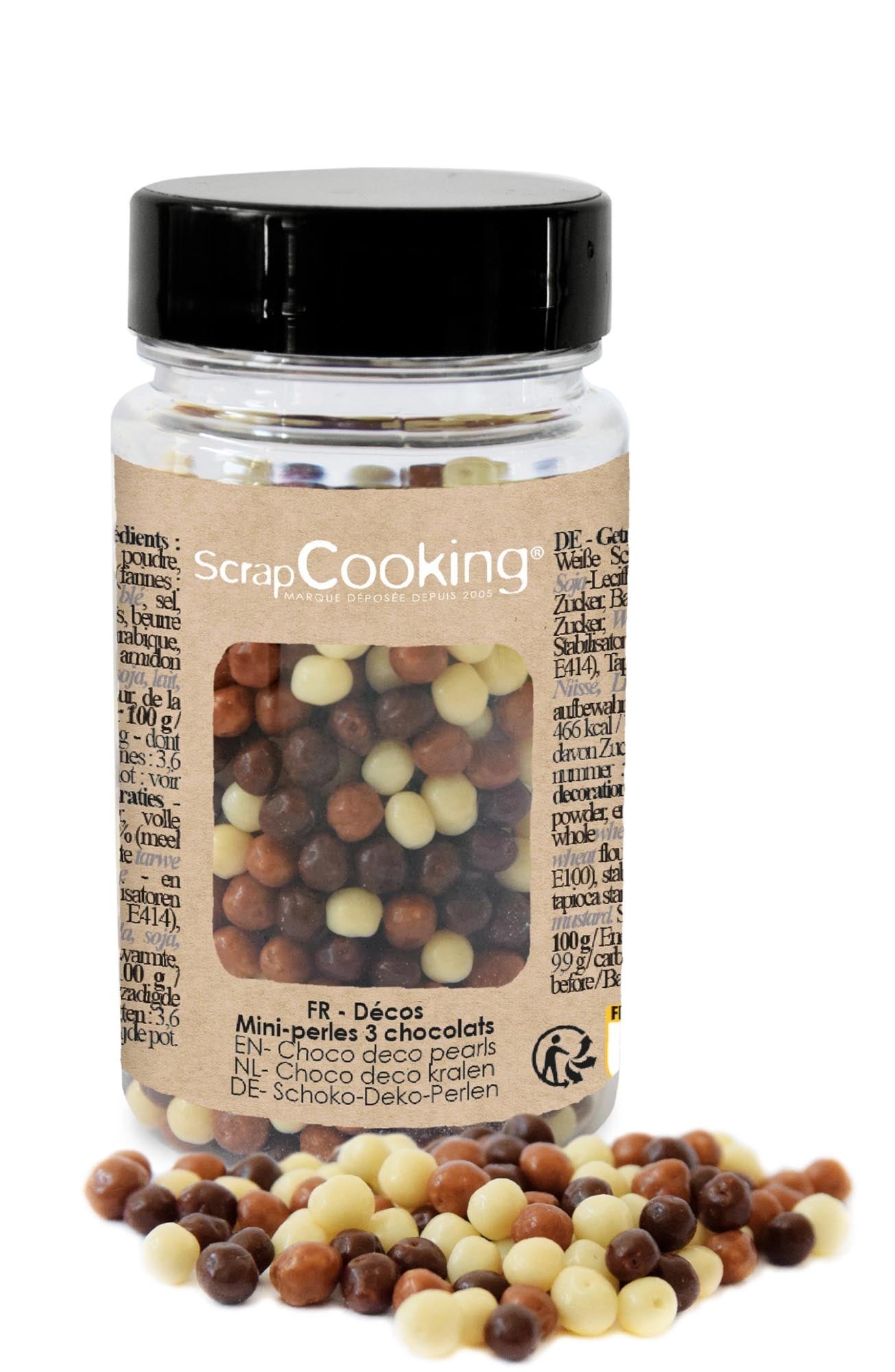 Bunte Deko Schoko Perlen in Weiss, Milch und Schwarz von Scrap Cooking, ideal für Torten, Cupcakes und Desserts. 40g Packung.