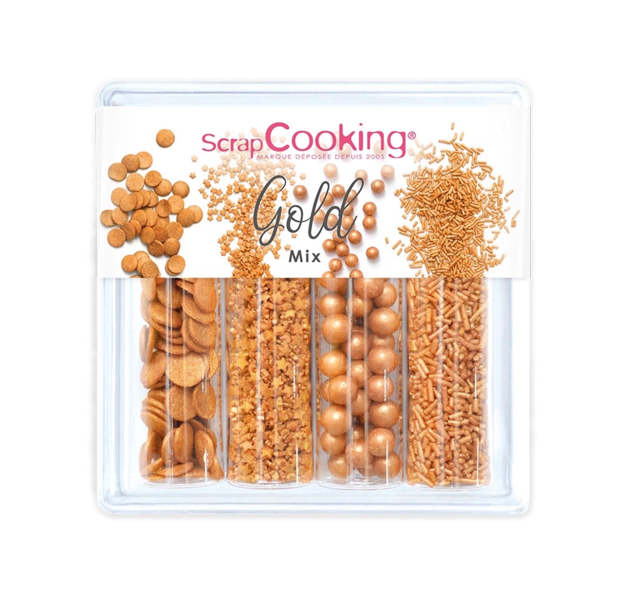 Verleihen Sie Ihren Backkreationen mit dem 4er Set Zuckerdekors Gold Mix von Scrap Cooking Eleganz und Glamour. Perfekt für Kuchen und Cupcakes.