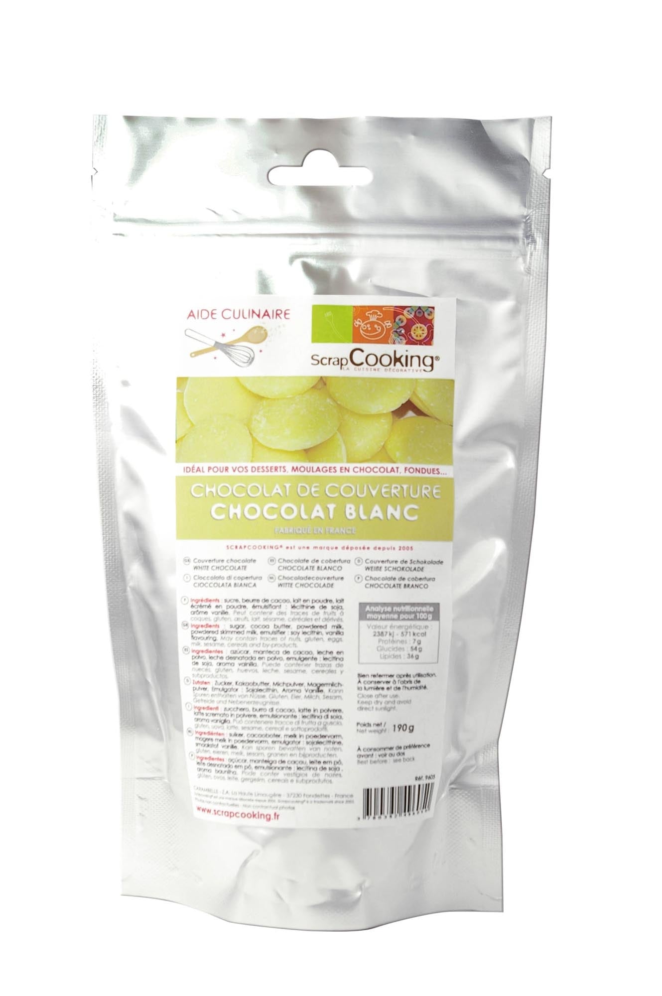 Feinste weisse Schokoladenkuvertüre, ideal zum Backen und Dekorieren. Cremig, glutenfrei, vielseitig einsetzbar.