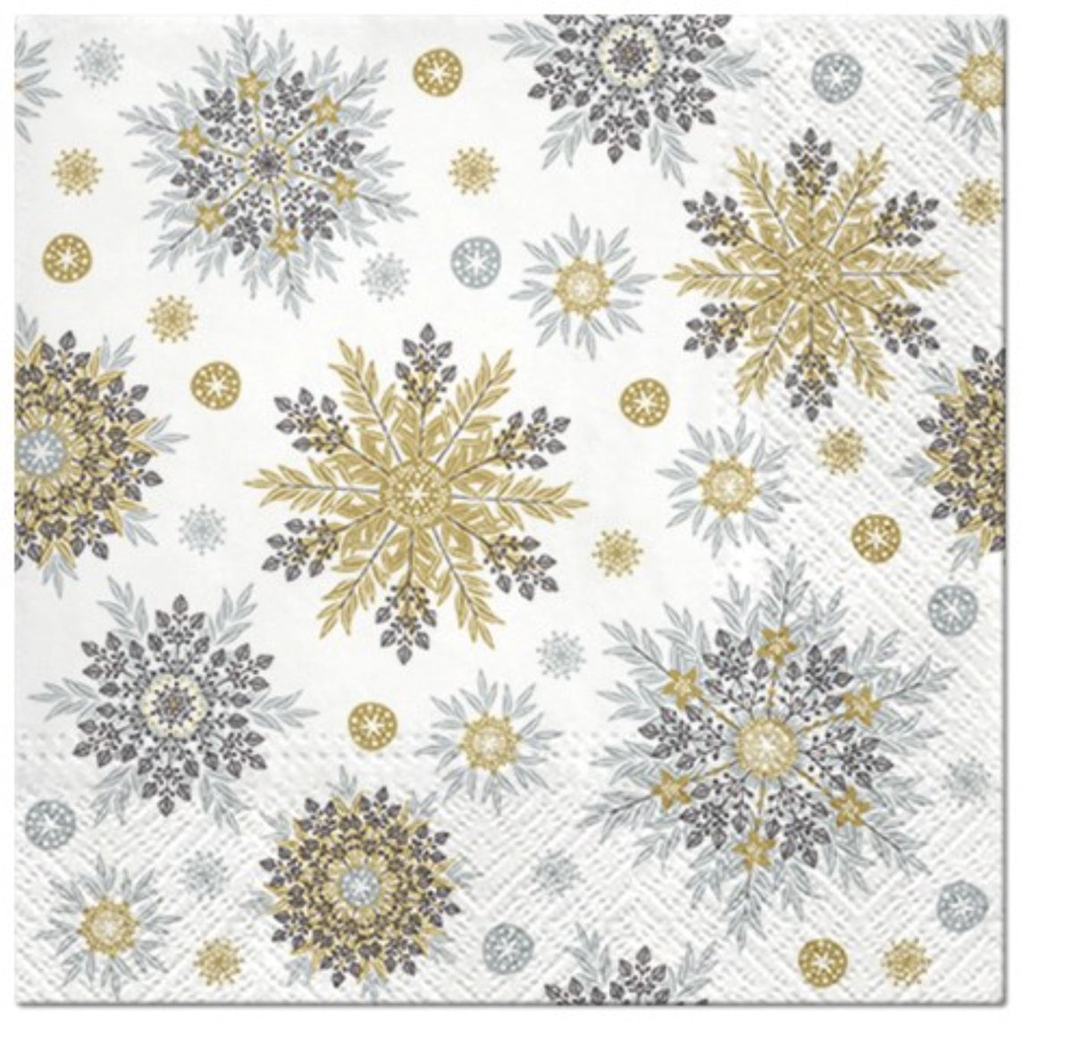 Quadratische Papierserviette, 33x33 cm, mit mehrfarbigem Schneeflocken-Muster bedruckt, aus dem Sortiment von PAW, Verpackungseinheit 20 Stück.