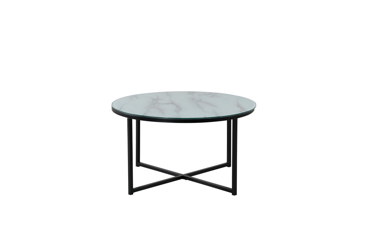 Runder Sofatisch Rock von Venture Home in Weiss, Tischplatte aus Glas mit Durchmesser 80 cm, Gestell aus schwarzem Stahl, freigestellt fotografiert.
