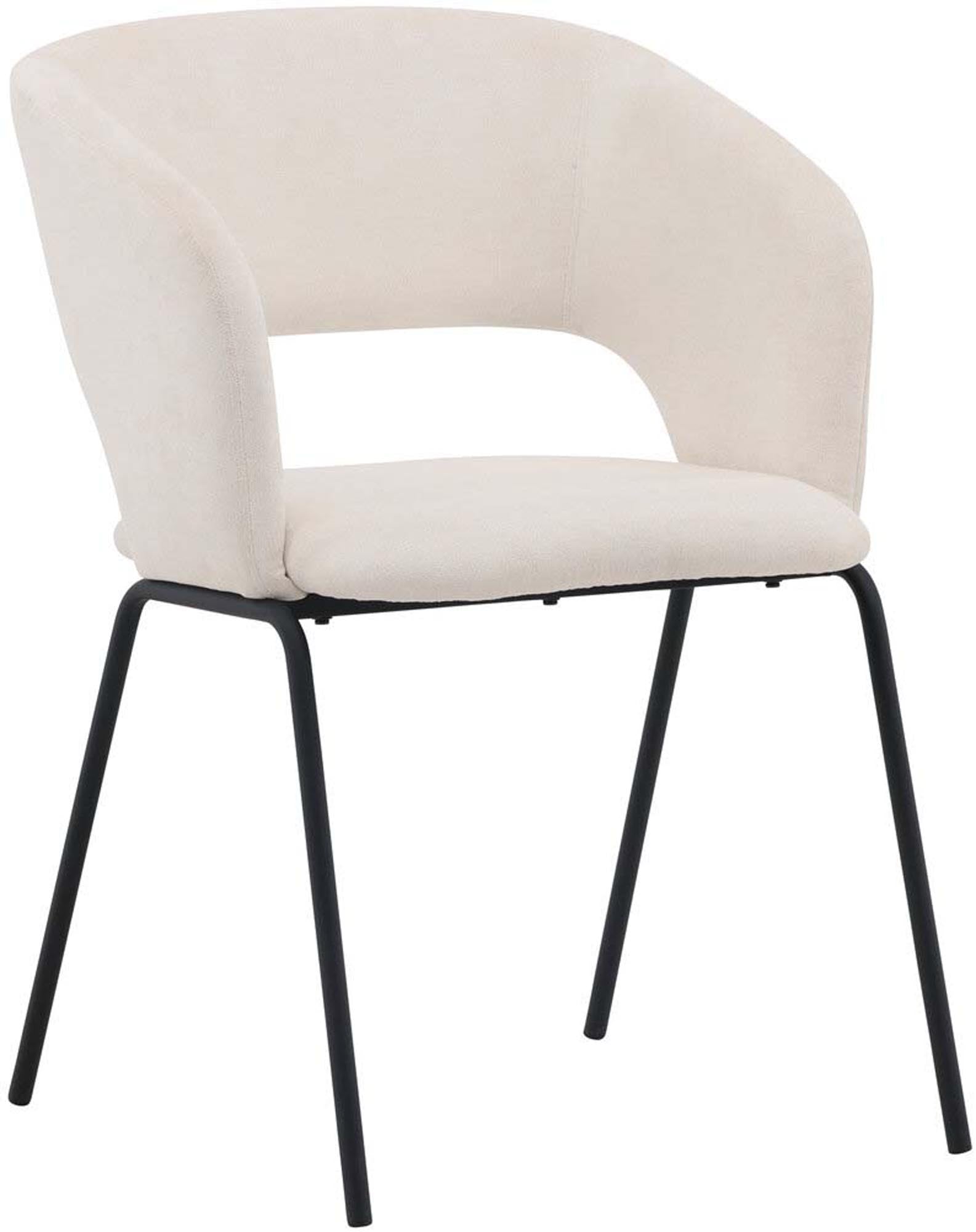 Eleganter DAY Stuhl von Venture Home: Weisser Leinenstoff, schwarze Stahlbeine, modernes Design mit Armlehnen.