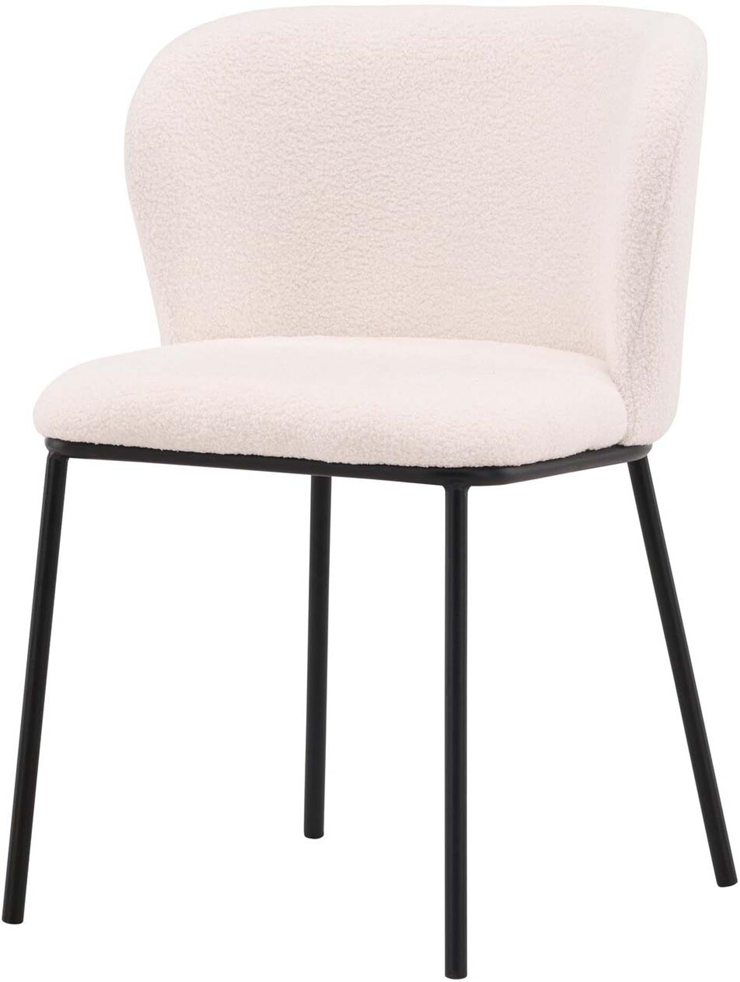 Moderner Edina Stuhl: Weisser Boulene-Stoff, schwarze Stahlbeine, ideal für Esszimmer & Wohnbereich, langlebig & stilvoll.