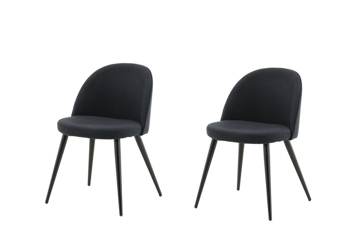 Velvet Stuhl von Venture Home mit blauem Polyesterbezug, weiss pulverbeschichtetem Stahlgestell und gepolsterter Sitzfläche aus Formsperrholz und Schaumstoff.
