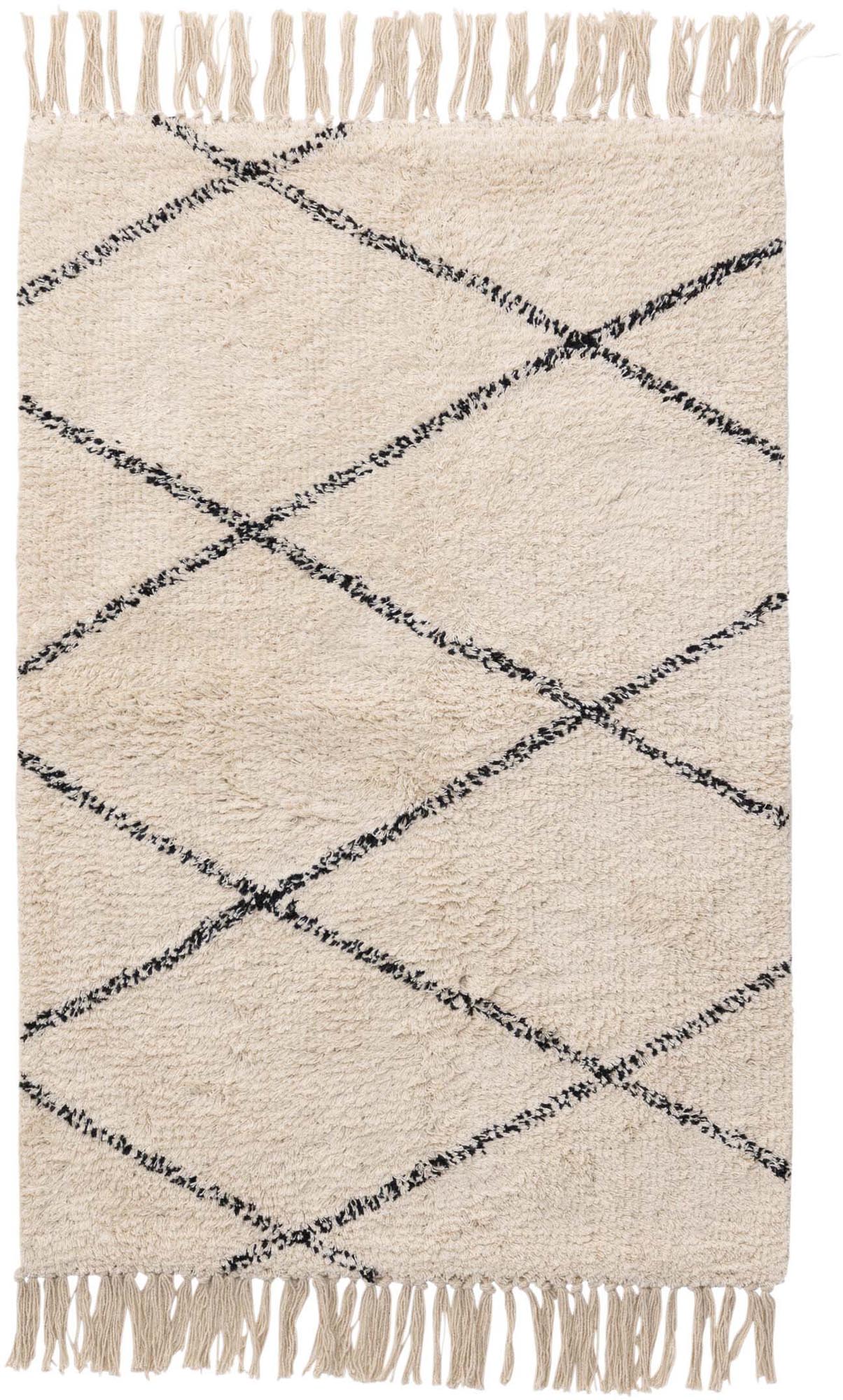 Thelma-Teppich: Stilvolles schwarz-weisses Design, hochwertige Baumwolle, elegante Fransen, zeitloser Luxus für Ihr Zuhause.