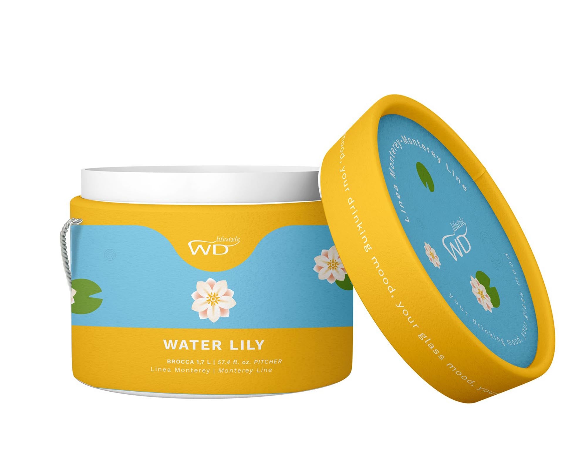 Elegante 1,7 lt. Karaffe aus hitzebeständigem Borosilikatglas mit stilvoller Seerosenverzierung, ideal für heisse und kalte Getränke.