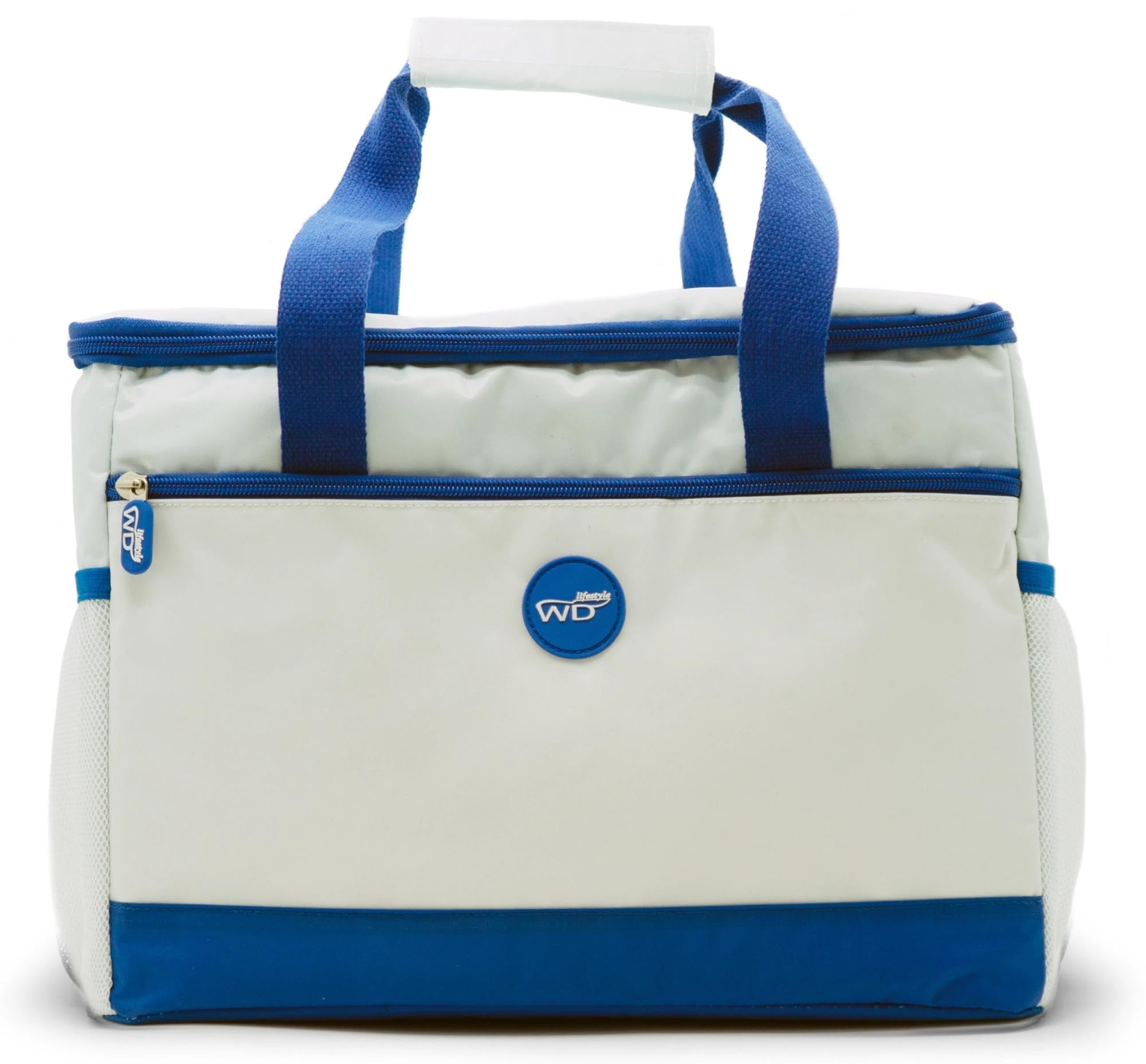 Die stilvolle Premium Thermo Bag von Easy Life in Weiss und Blau, 25L, hält Speisen und Getränke perfekt temperiert – ideal für Strand, Picknick oder Einkauf.