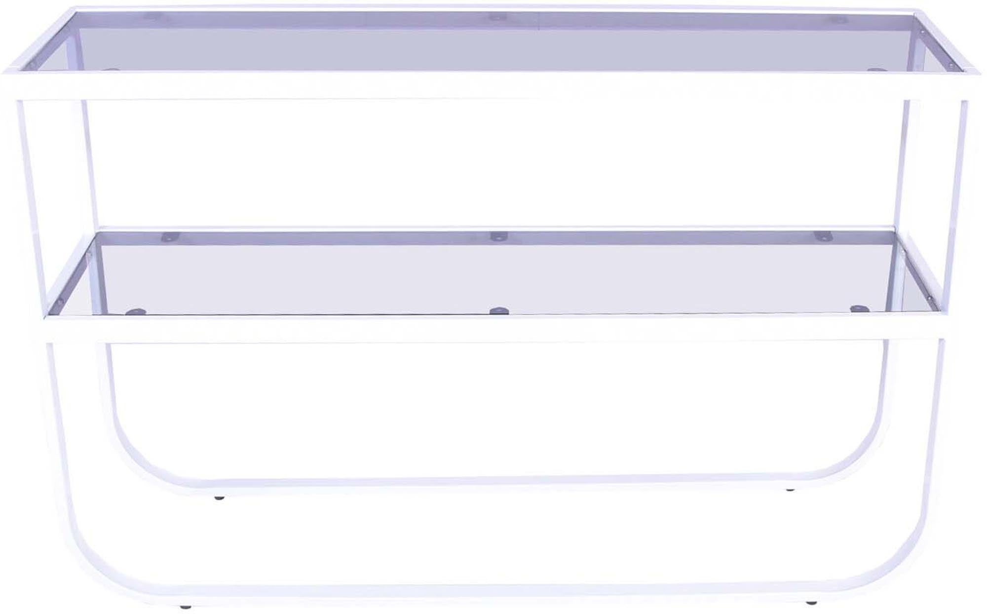 Entdecken Sie den Rocker Beistelltisch von Venture Home – ein elegantes Möbelstück aus schwarzem Gestell und grauem Rauchglas für jeden Raum.