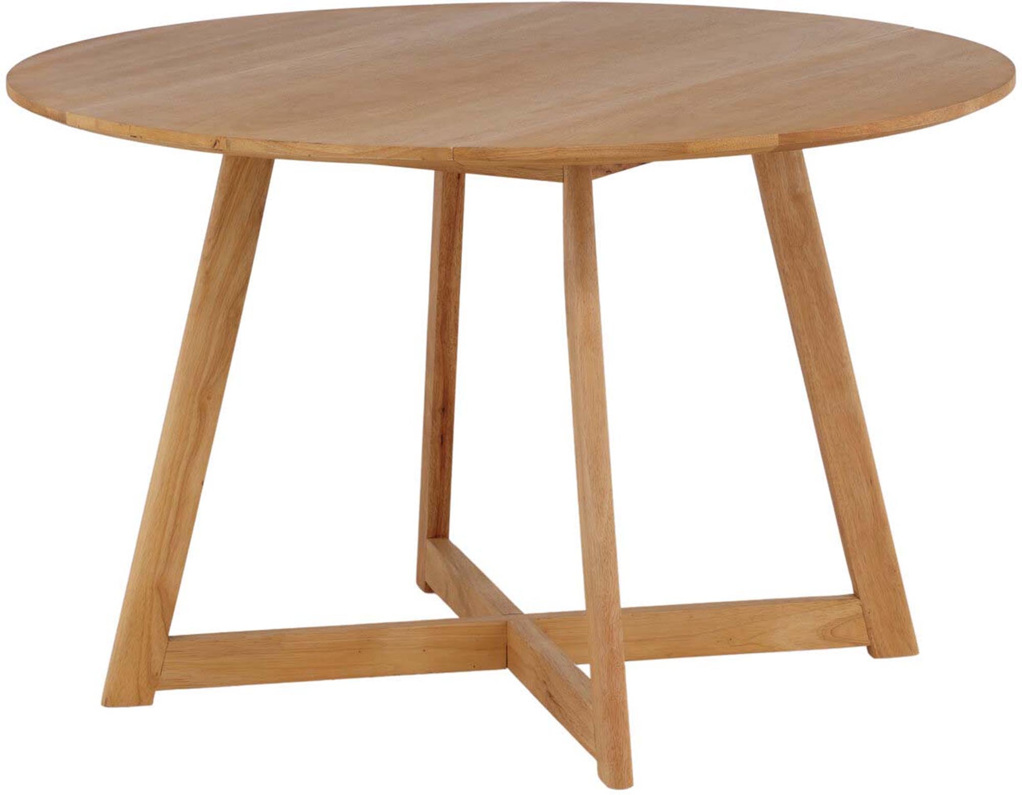 Eleganter Yadikon Tisch: Runde Form, Gummiholz, Eichenoptik, abklappbare Kanten, stabil, zeitlos, ideal für kleine Räume.