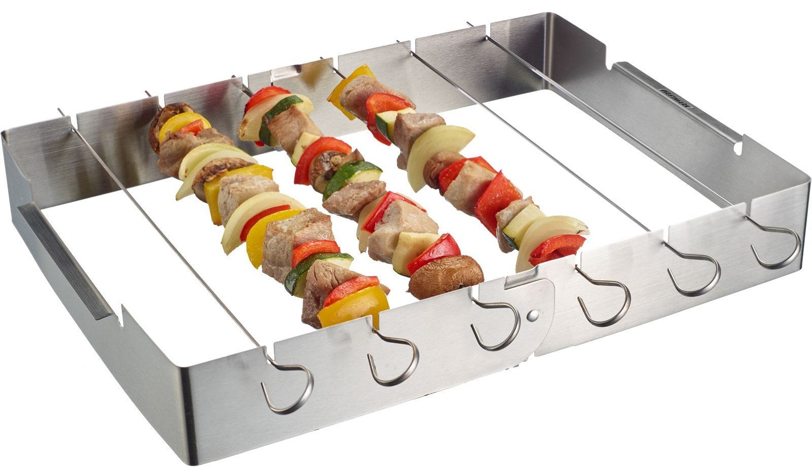 Grillspiesshalter-Set von Westmark: 6 Edelstahlspiesse (31 cm) mit Halterung, ideal für abwechslungsreiche Grillgerichte.