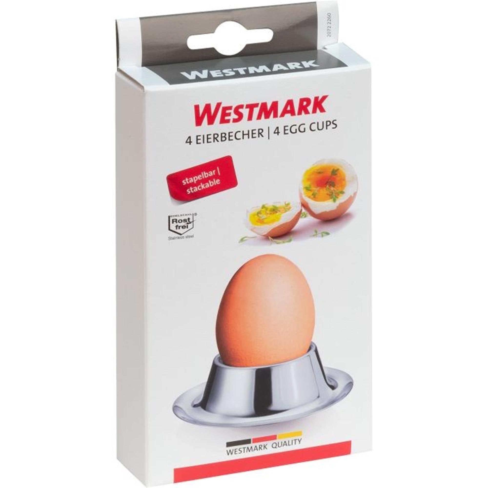 Set aus 4 runden Edelstahl-Eierbechern von Westmark, ideal für Frühstückseier, robust und spülmaschinengeeignet.