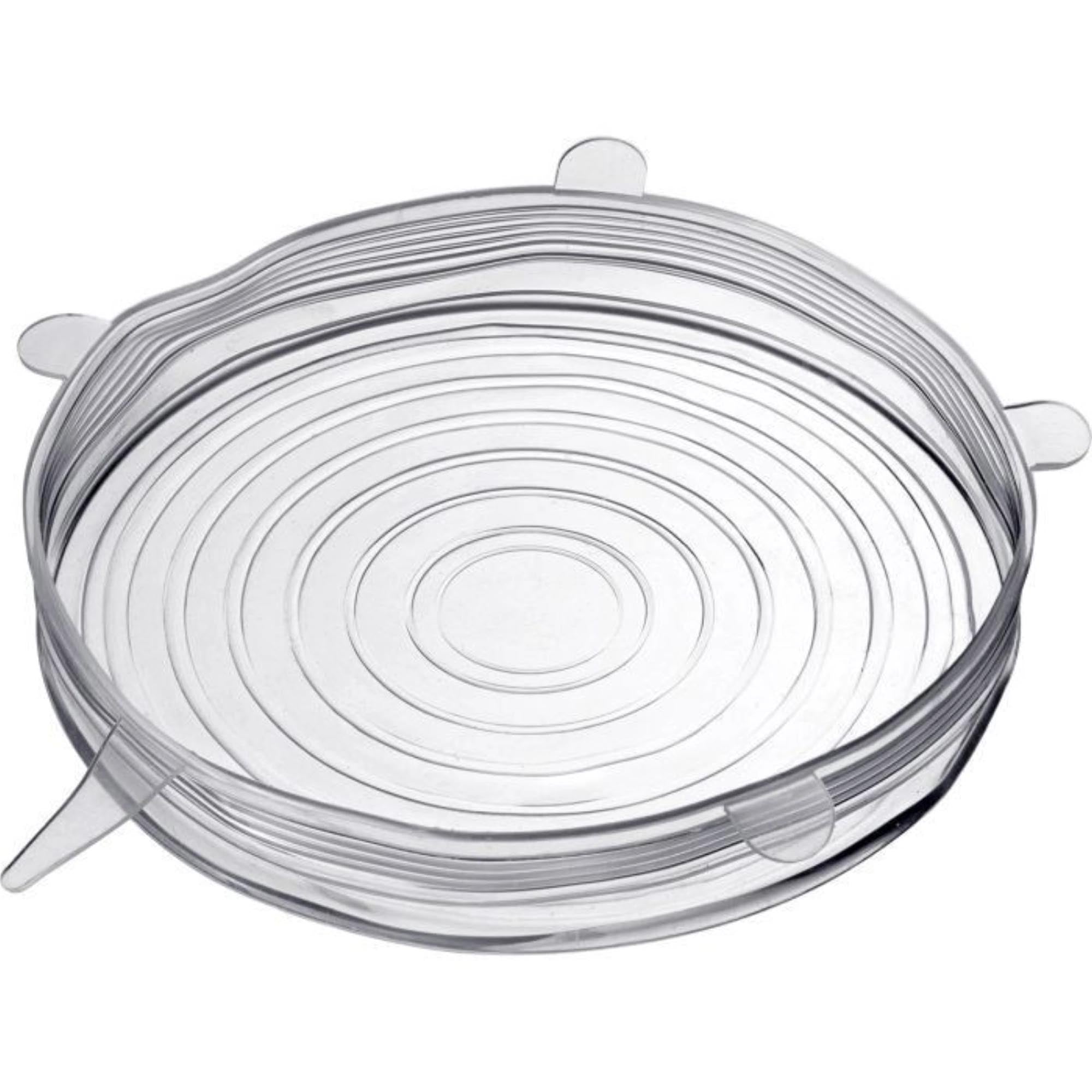 Set mit 5 flexiblen Silikondeckeln in Grössen von 6,5 bis 14,5 cm, perfekt für luftdichtes Abdecken von Schüsseln und Behältern.