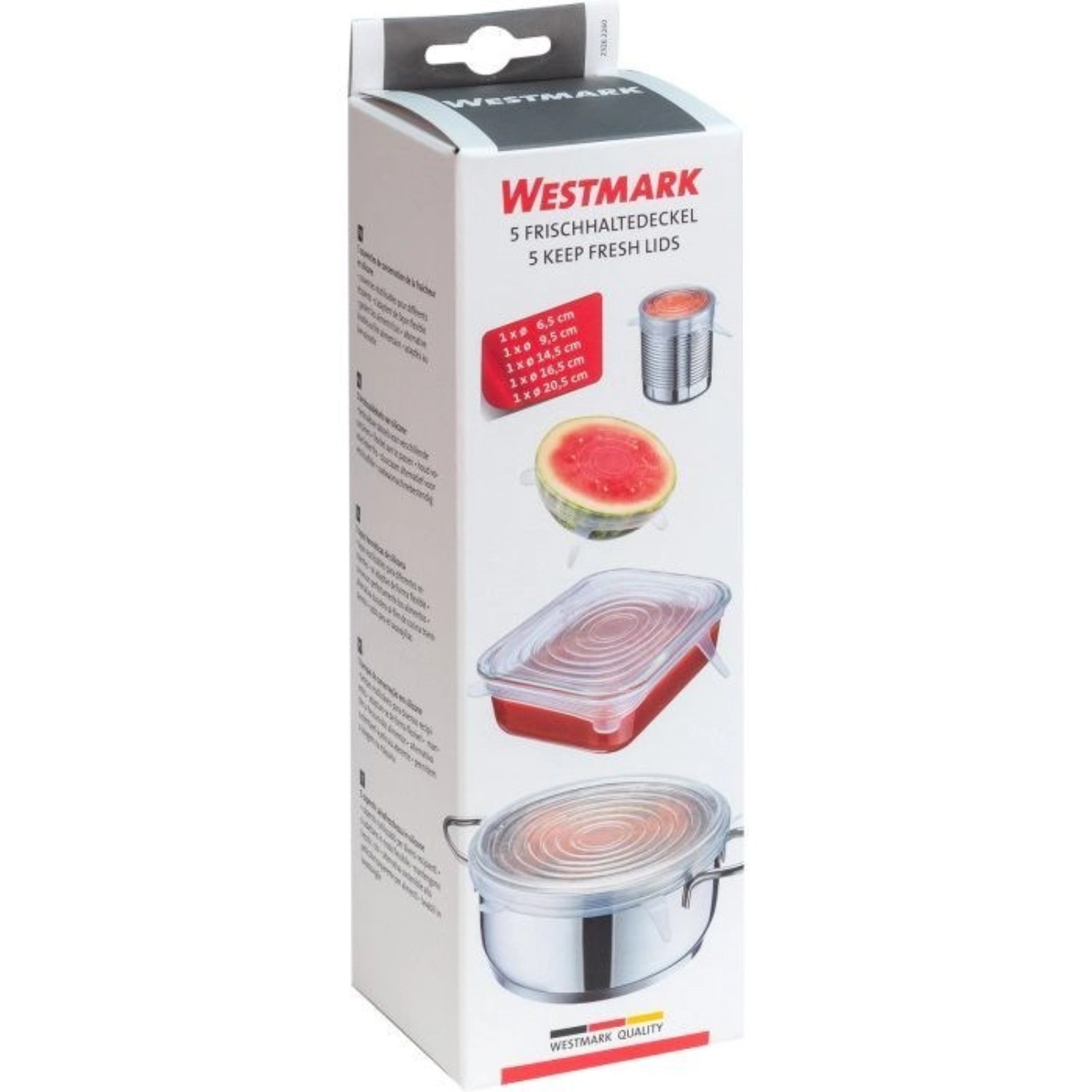 Set aus fünf Silikon-Frischhaltedeckeln in unterschiedlichen Durchmessern (D6,5 - 9,5 - 14,5 cm) von Westmark, perfekt für die umweltfreundliche Aufbewahrung von Speisen.