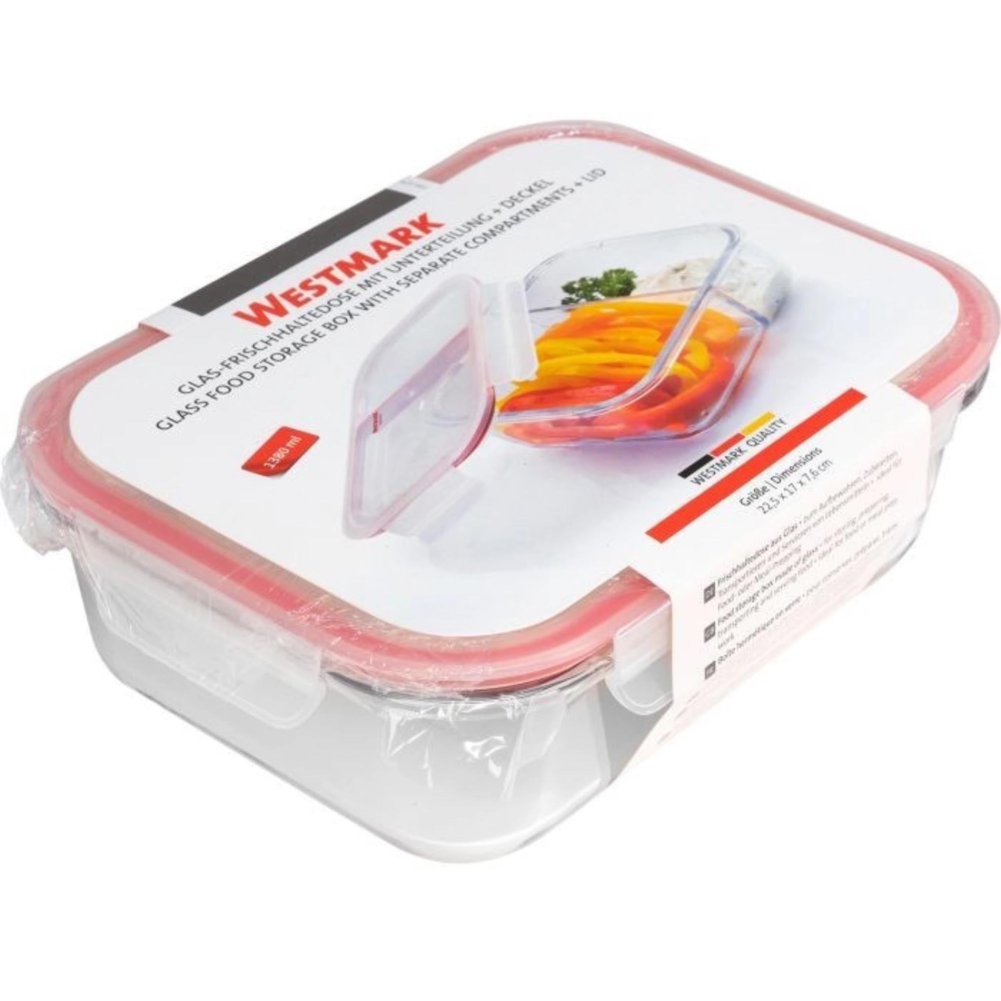 Hochwertige Glas-Frischhaltedose mit 2 separaten Fächern, 1380ml, ideal für frische Lebensmittel, langlebig und vielseitig nutzbar.