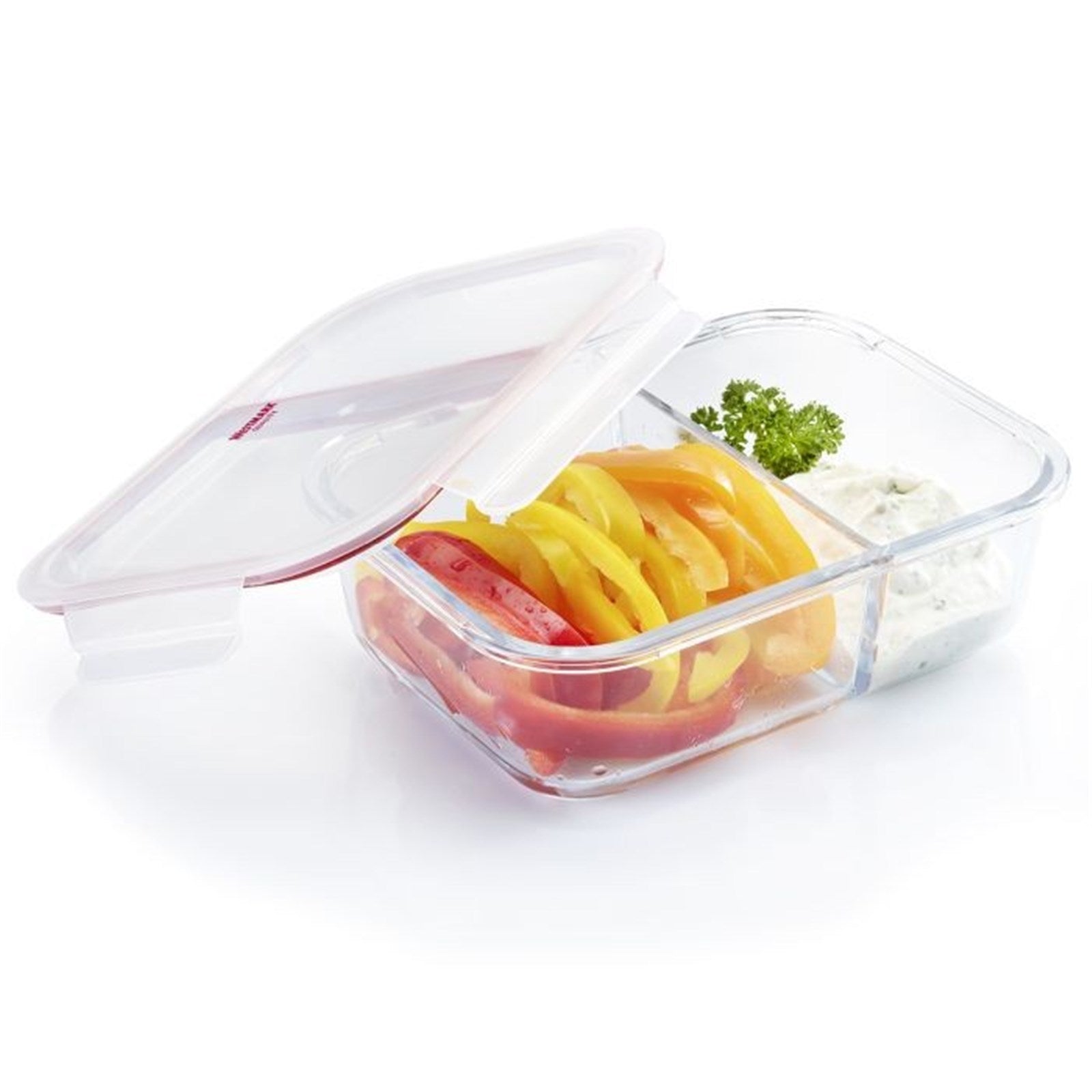 Praktische Glas-Frischhaltedose 980ml von Westmark mit 2 Fächern, ideal für die getrennte und frische Aufbewahrung von Lebensmitteln.