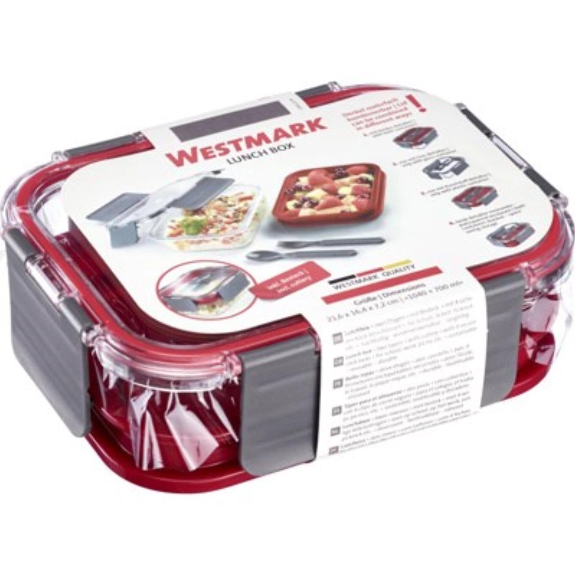 Praktische rote Lunchbox von Westmark mit 1740ml Volumen. Ideal für unterwegs, robust, einfach zu reinigen und alltagstauglich.
