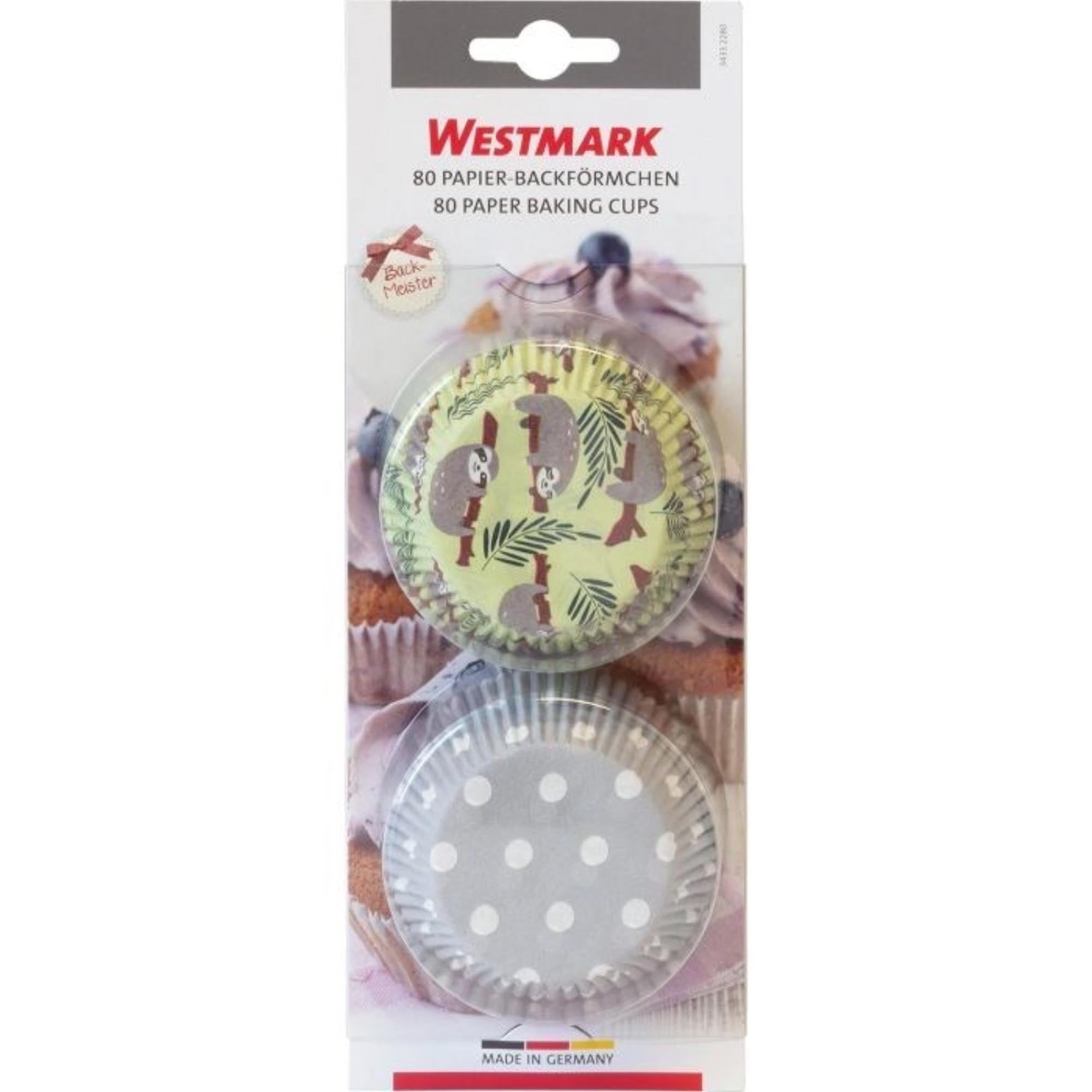 Set mit 80 Muffin-Papierförmchen, dekoriert mit charmanten Faultier- und Punktedesigns, perfekt für Backspass und kreative Dekoration.