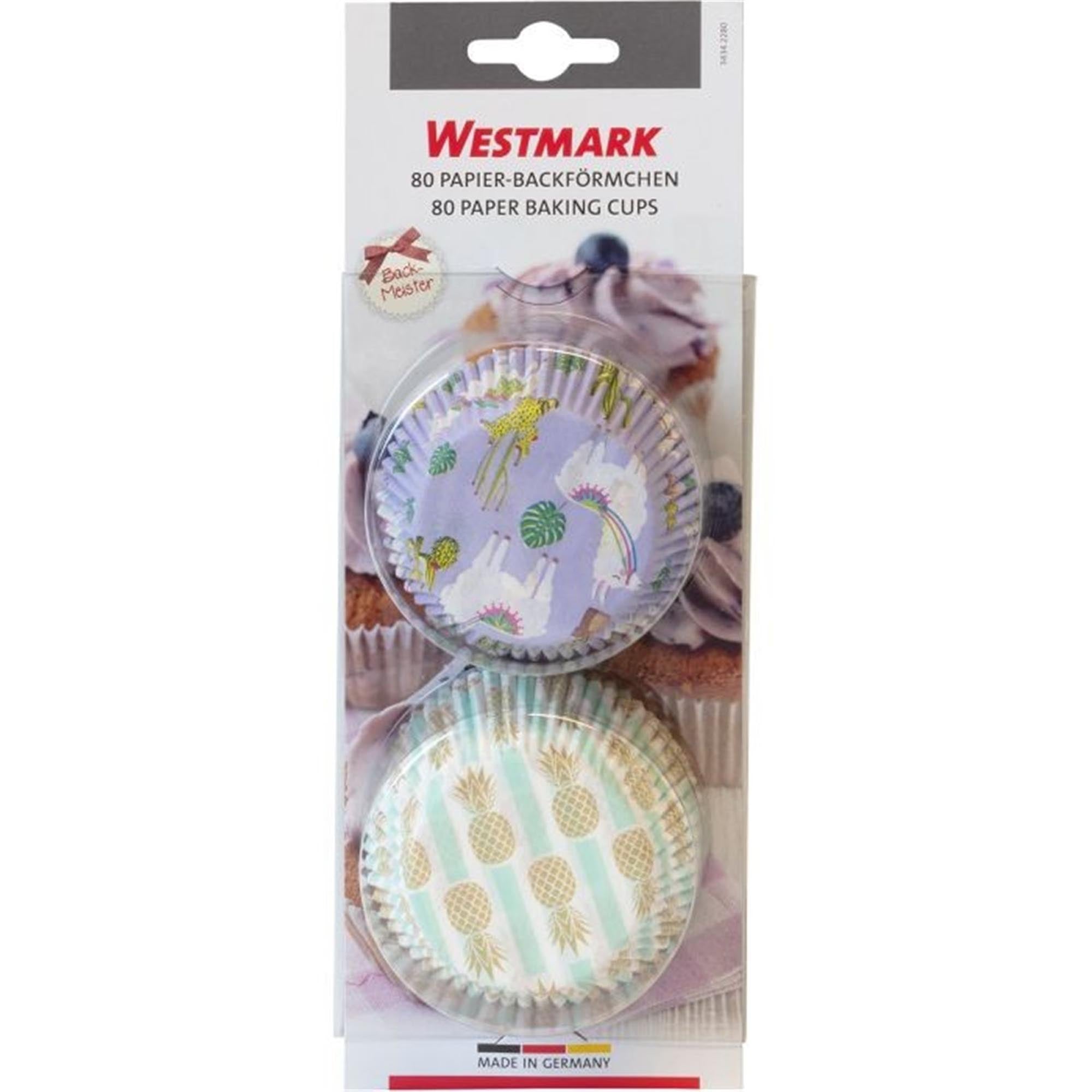 Bunte Muffin-Papierförmchen mit Lama- und Ananas-Motiven, ideal für kreative Backideen und Party-Dekorationen, 80 Stück von Westmark.
